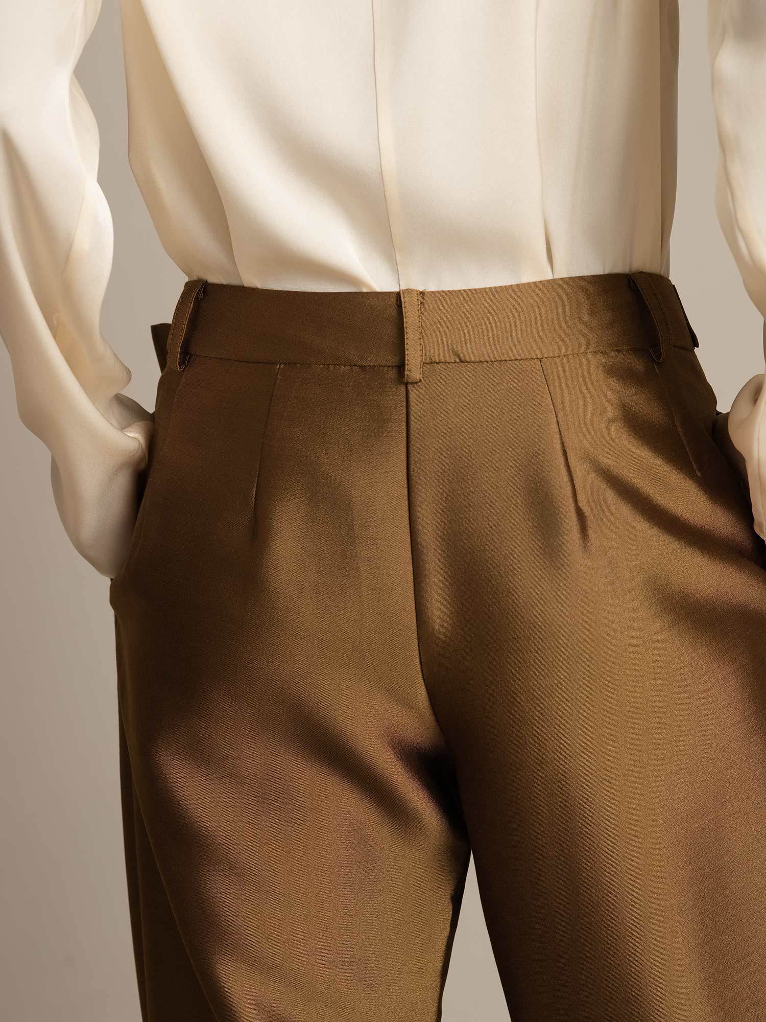 32Momme Silk-Wool Blend High Waist Tapered Cropped Women's Pants with Tie Waist Design - Image 20