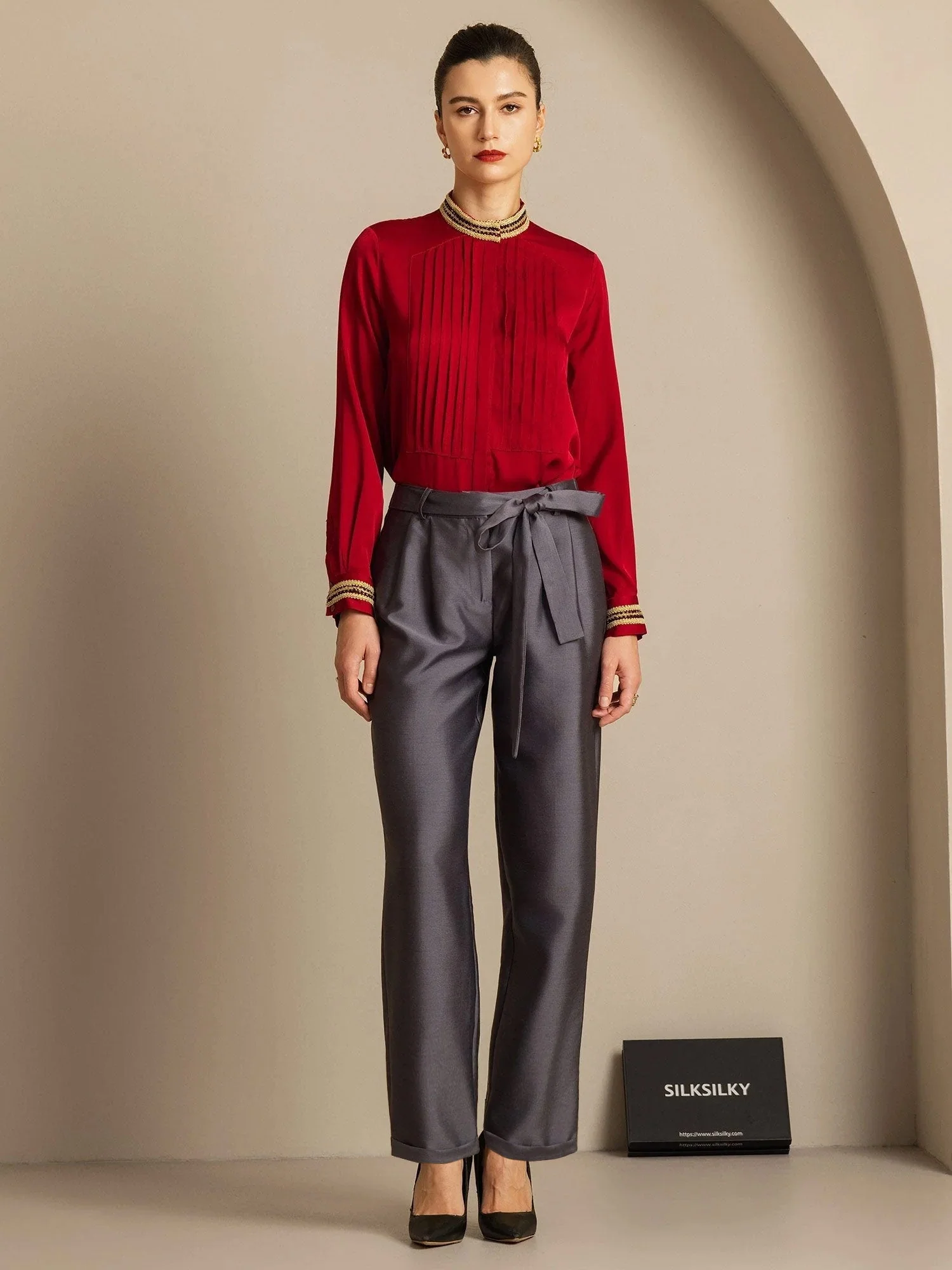 32Momme Silk-Wool Blend High Waist Tapered Cropped Women's Pants with Tie Waist Design - Image 6