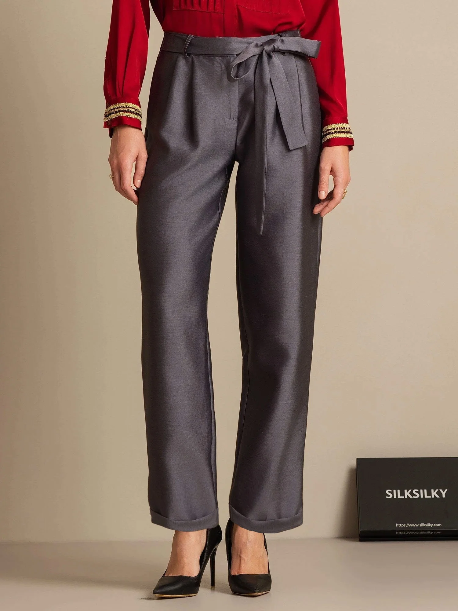32Momme Silk-Wool Blend High Waist Tapered Cropped Women's Pants with Tie Waist Design - Image 7