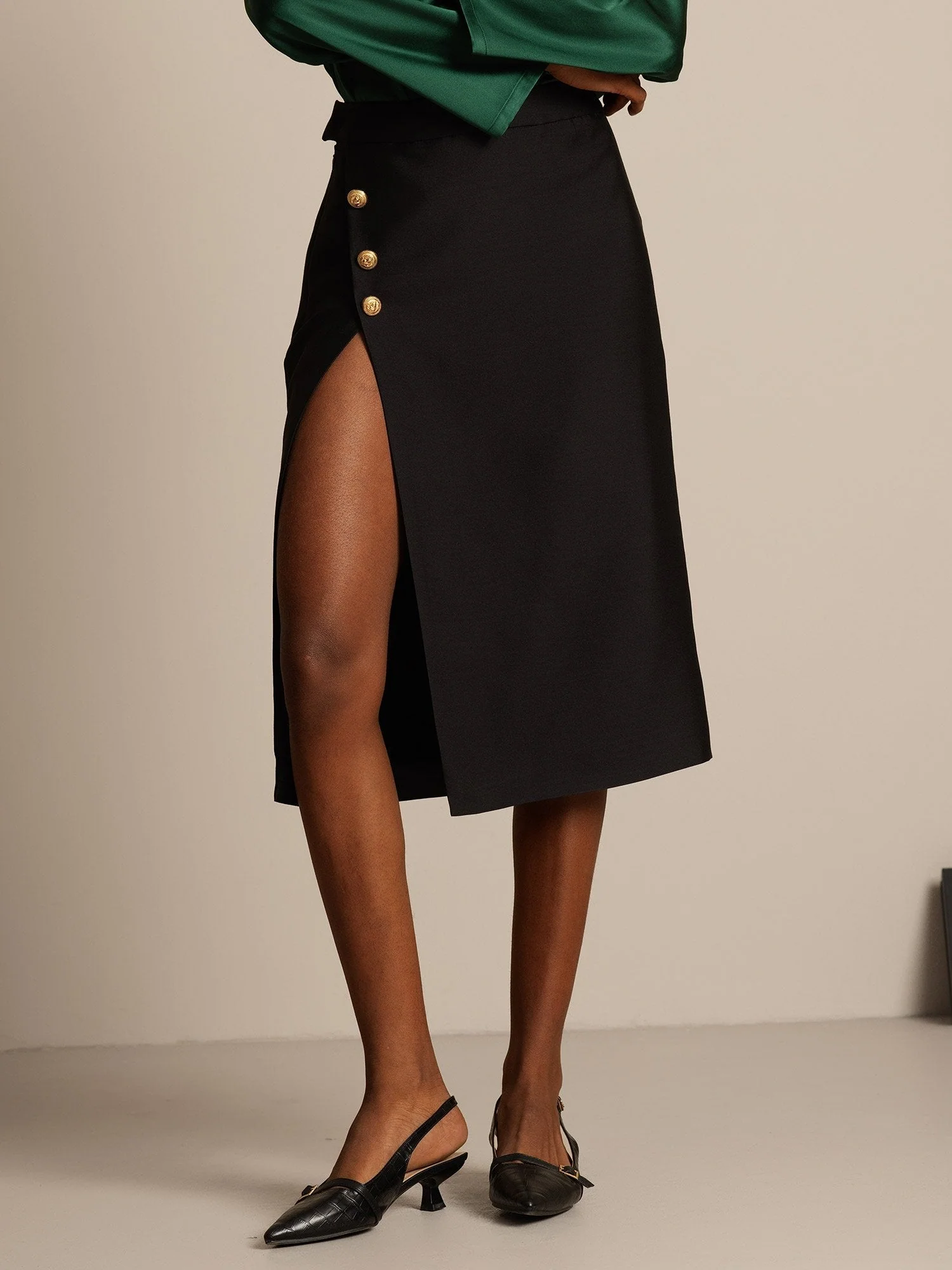 Clearance - 32Momme Silk-Wool Blend Midi Skirt with Split Design - Image 11