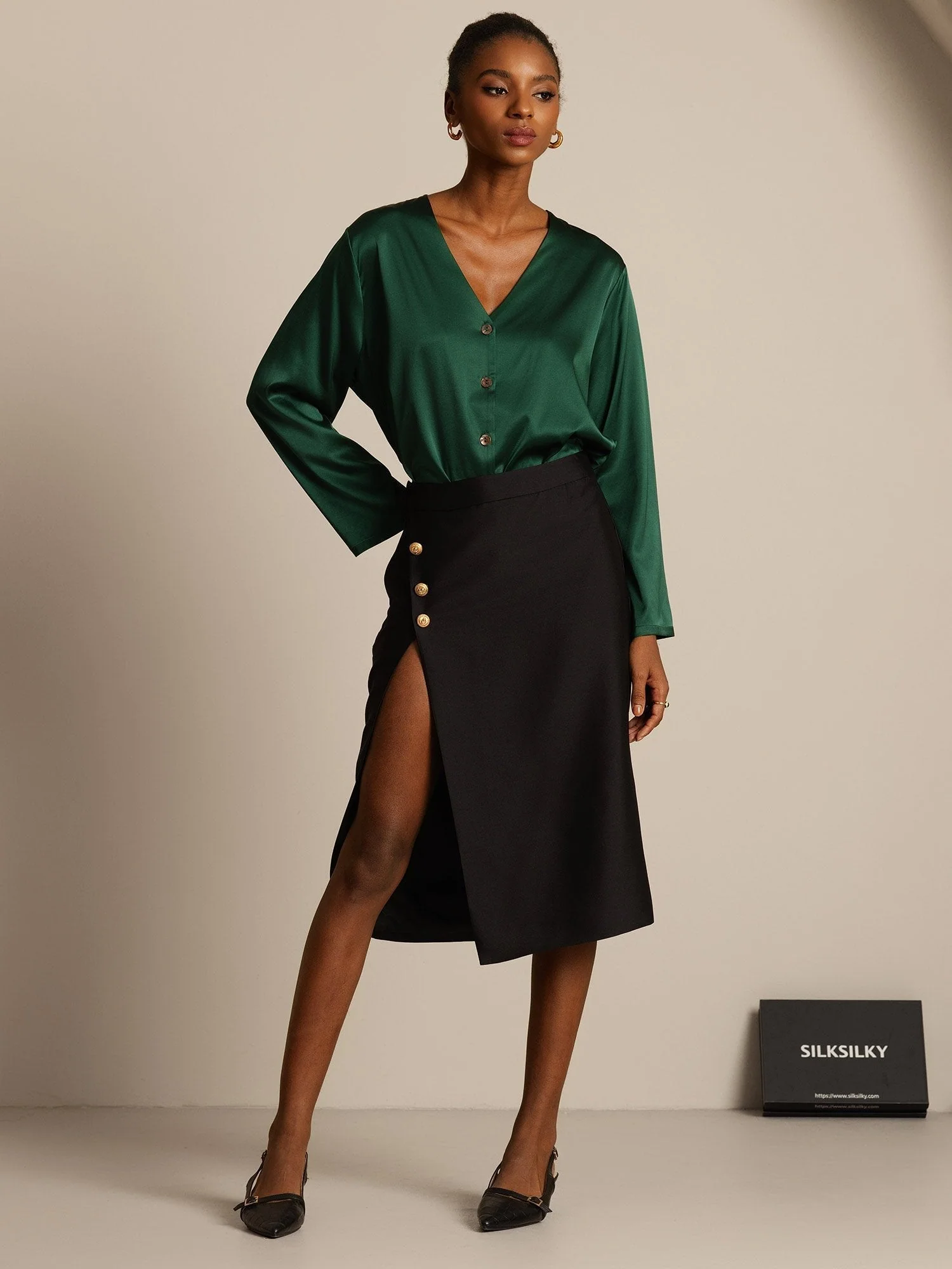 Clearance - 32Momme Silk-Wool Blend Midi Skirt with Split Design - Image 14