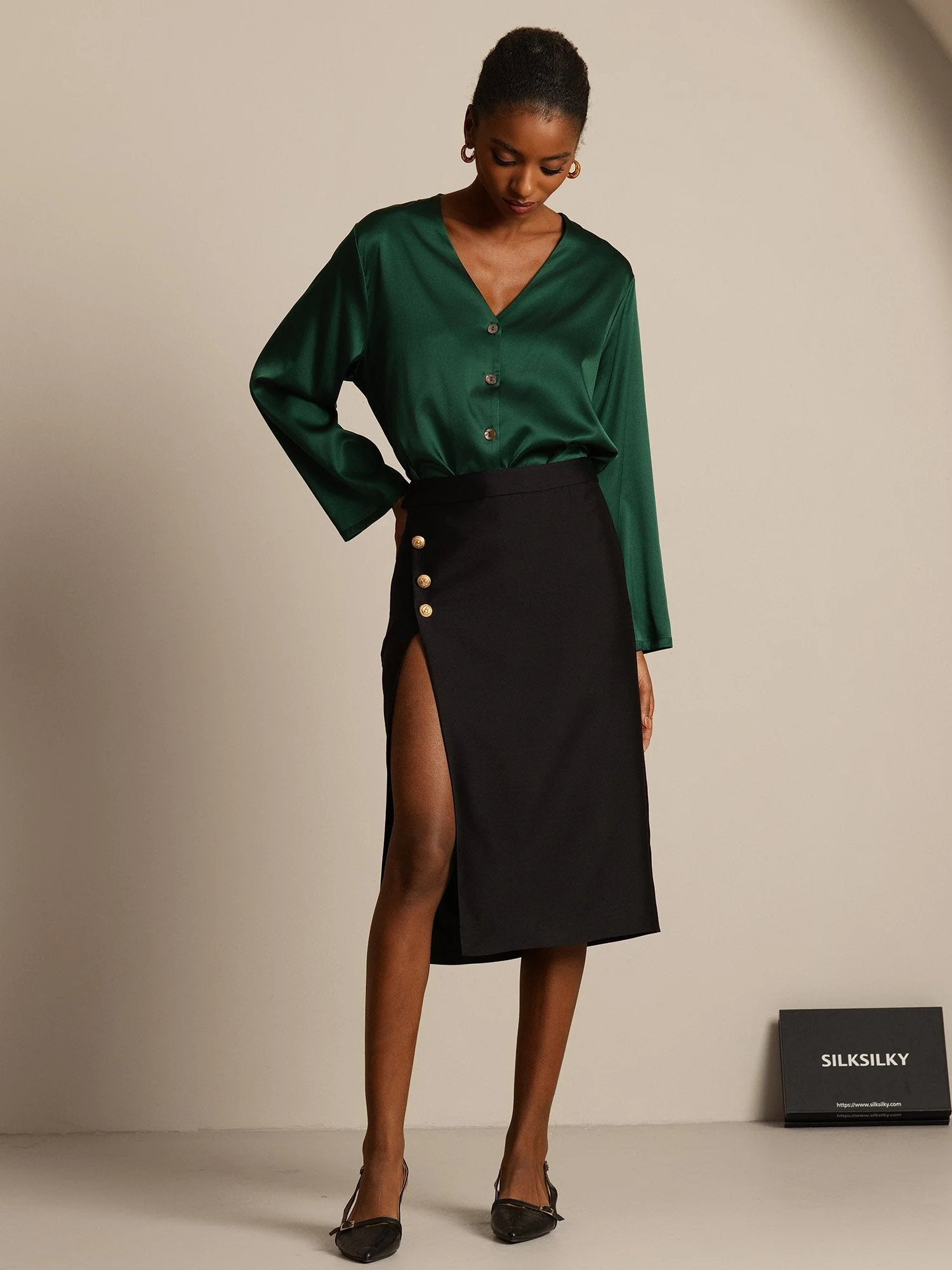 Clearance - 32Momme Silk-Wool Blend Midi Skirt with Split Design - Image 16