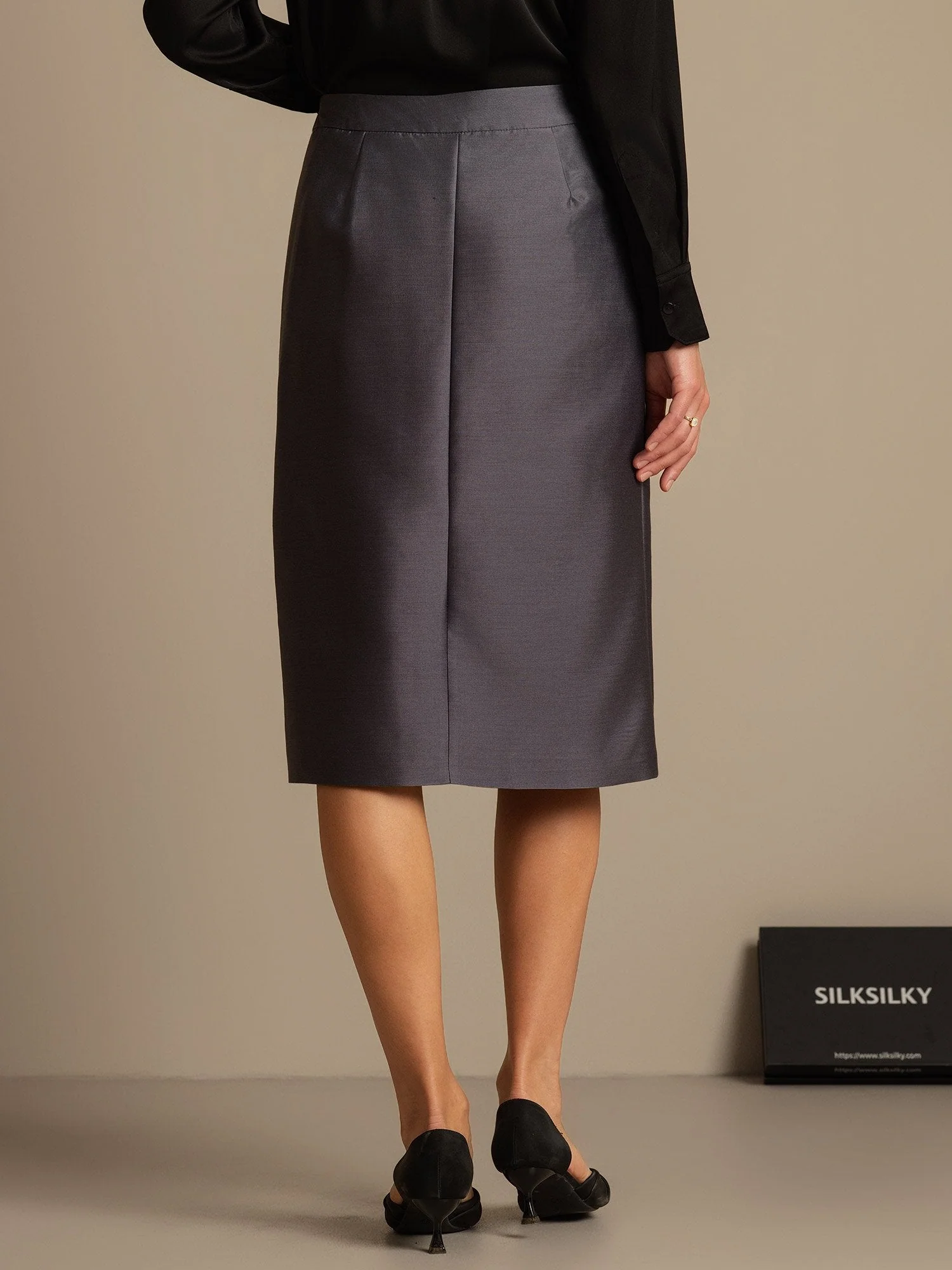 Clearance - 32Momme Silk-Wool Blend Midi Skirt with Split Design - Image 2