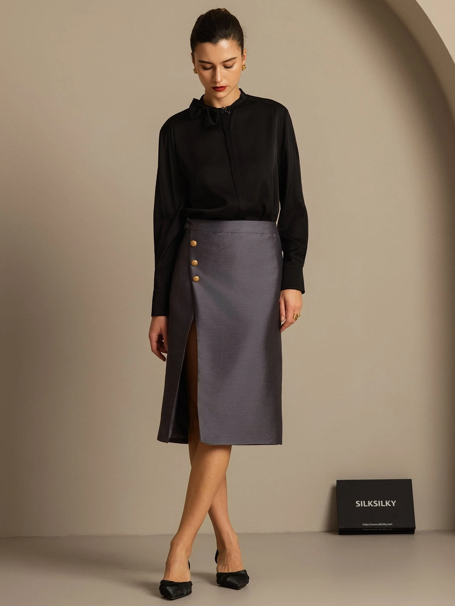 Clearance - 32Momme Silk-Wool Blend Midi Skirt with Split Design - Image 6