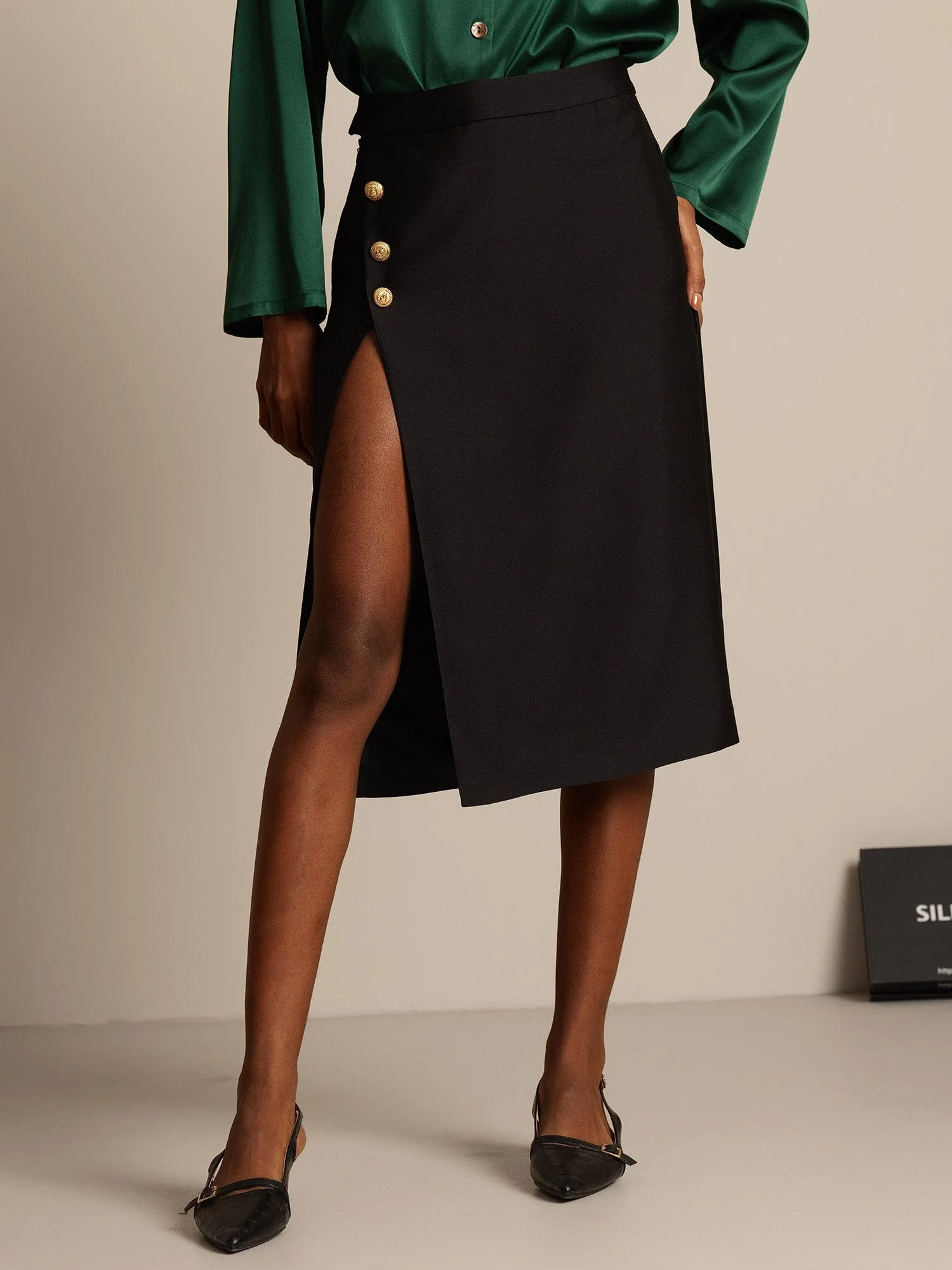 Clearance - 32Momme Silk-Wool Blend Midi Skirt with Split Design - Image 9