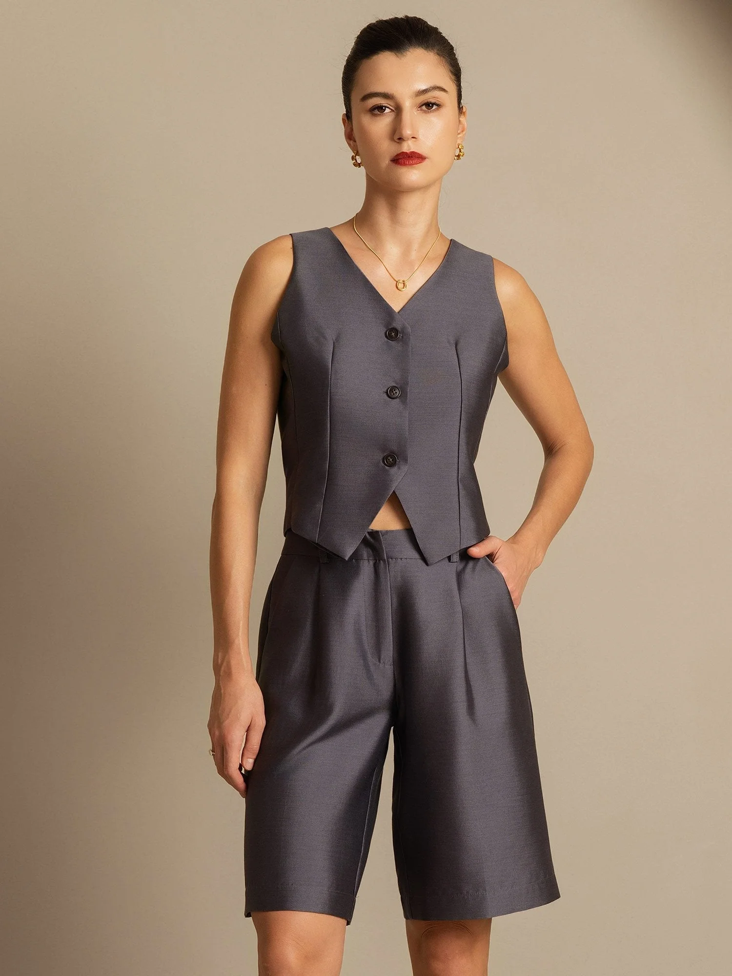 Clearance - 32Momme Silk-Wool Blend Women's V Neck Vest with Button Design - Image 6