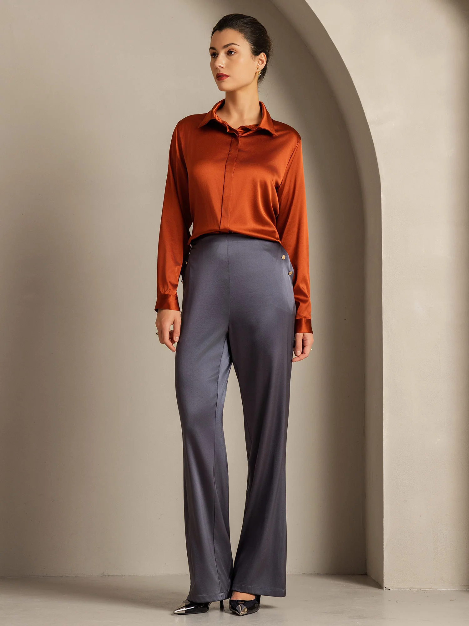 19Momme Silk Long Sleeve Lapel Collar Women's Shirt - Image 15