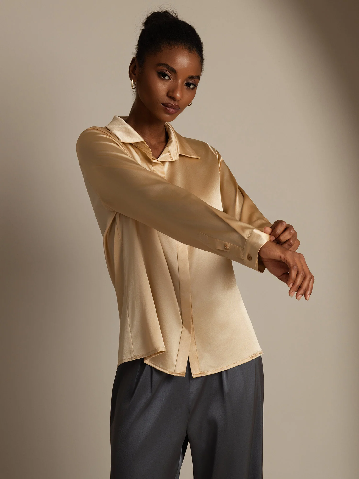 19Momme Silk Long Sleeve Lapel Collar Women's Shirt - Image 21
