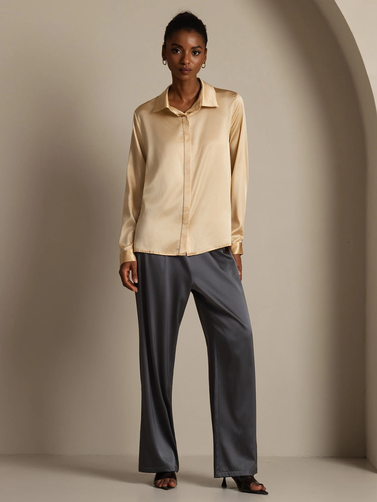 19Momme Silk Long Sleeve Lapel Collar Women's Shirt - Image 24