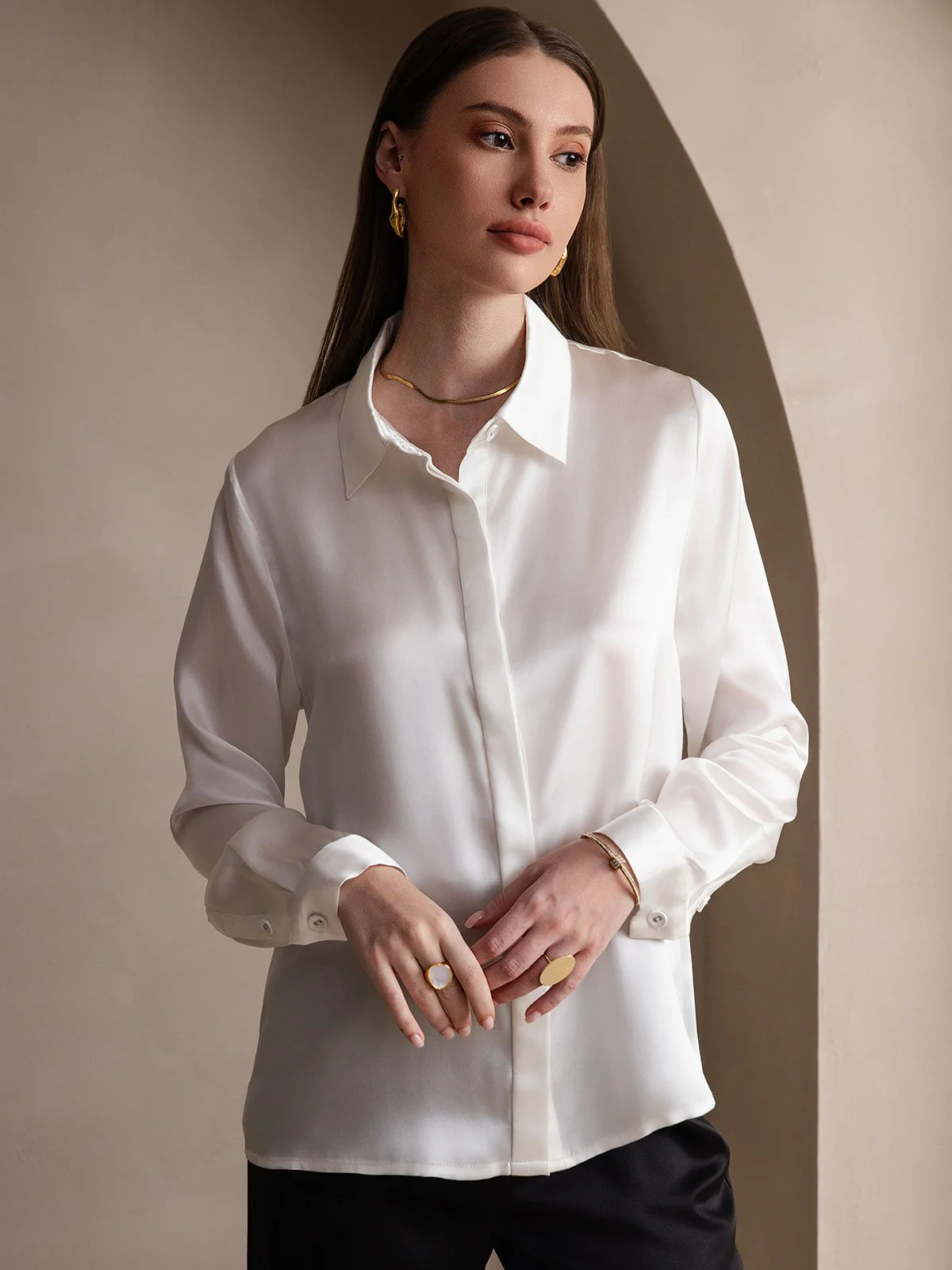 19Momme Silk Long Sleeve Lapel Collar Women's Shirt - Image 28