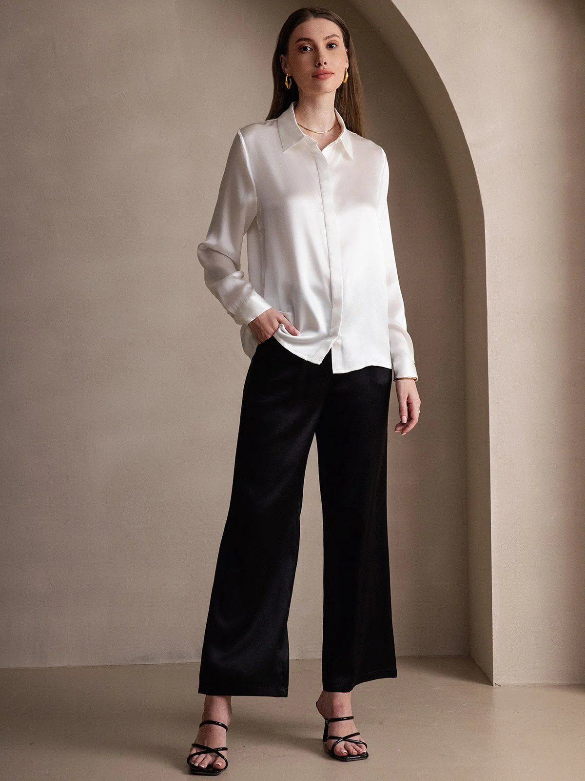 19Momme Silk Long Sleeve Lapel Collar Women's Shirt - Image 32