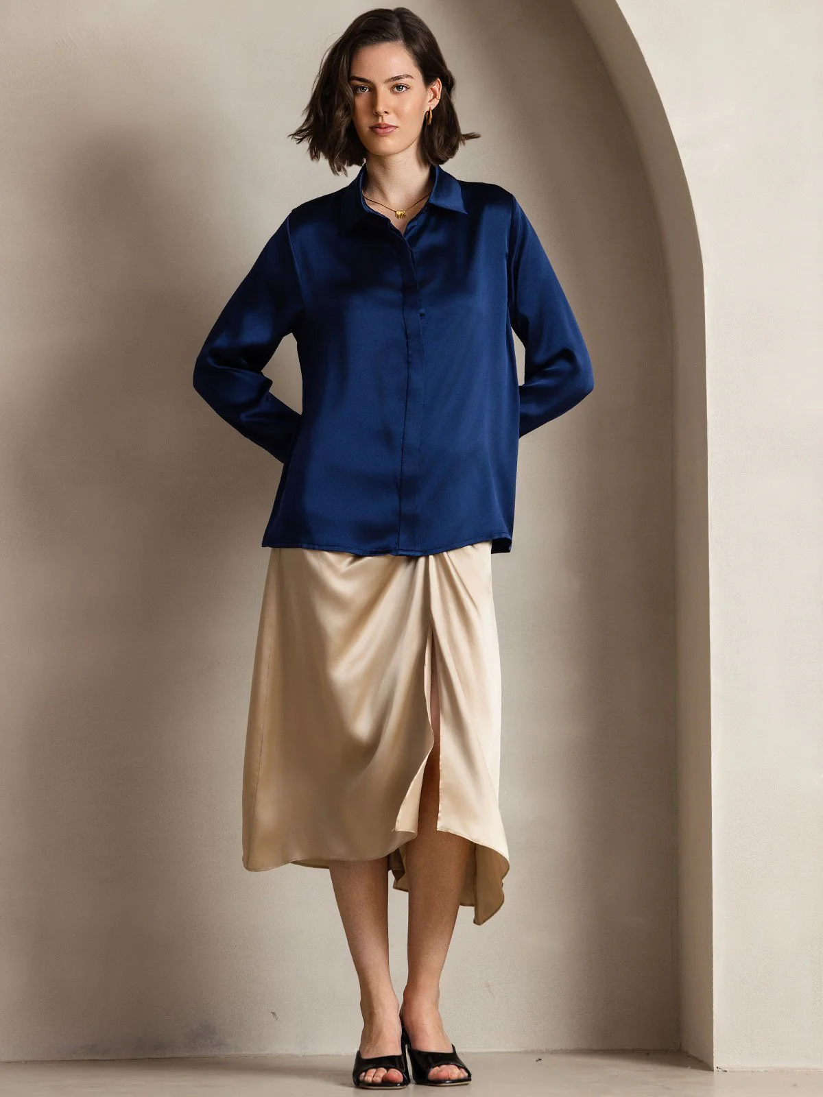 19Momme Silk Long Sleeve Lapel Collar Women's Shirt - Image 36