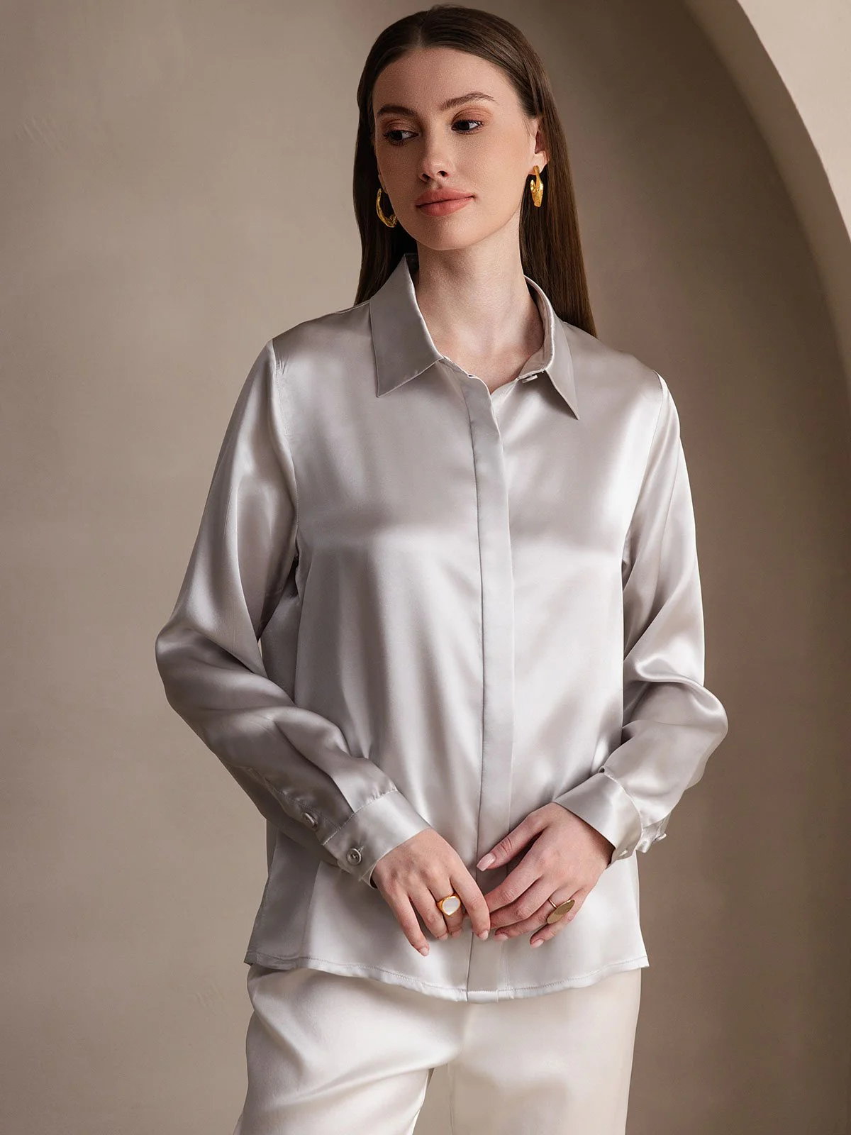 19Momme Silk Long Sleeve Lapel Collar Women's Shirt - Image 4