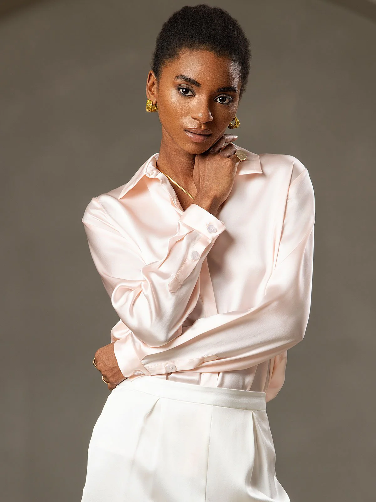 19Momme Silk Long Sleeve Lapel Collar Women's Shirt - Image 41