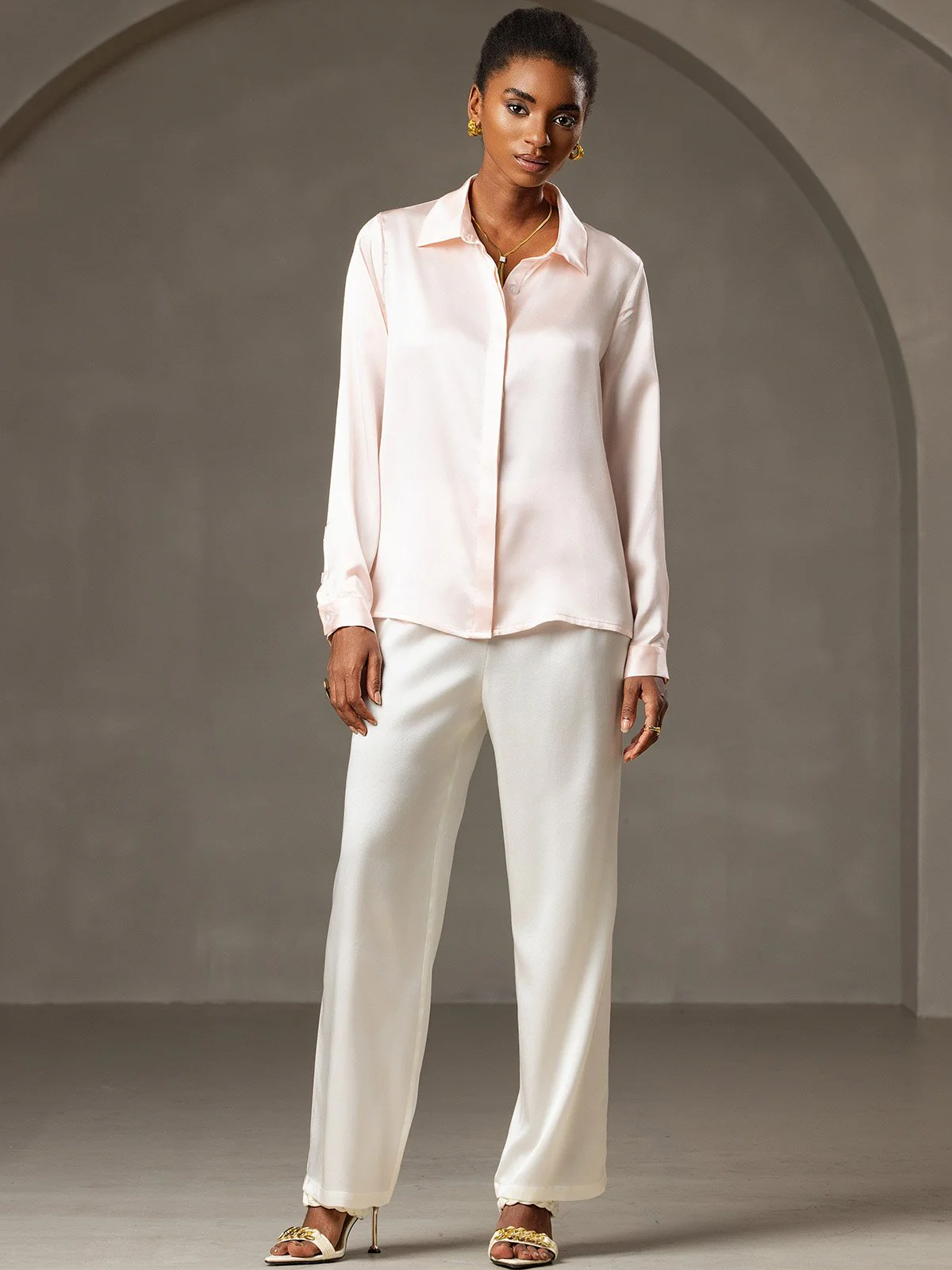 19Momme Silk Long Sleeve Lapel Collar Women's Shirt - Image 45