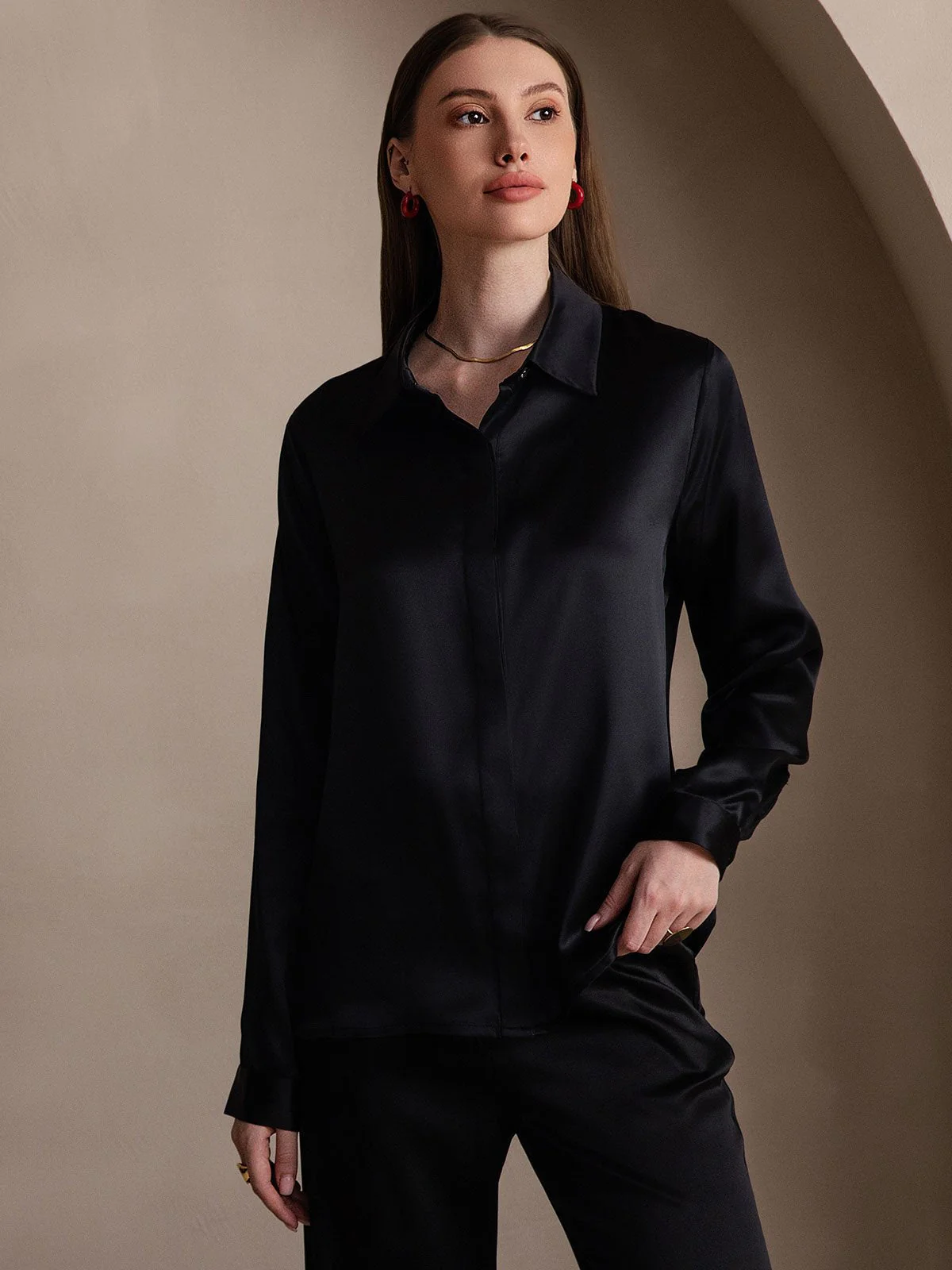 19Momme Silk Long Sleeve Lapel Collar Women's Shirt - Image 48