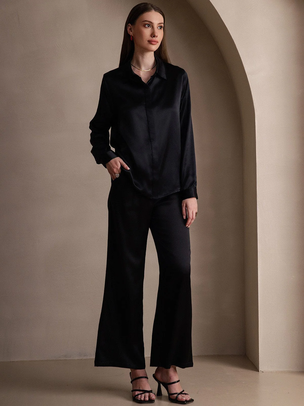 19Momme Silk Long Sleeve Lapel Collar Women's Shirt - Image 51