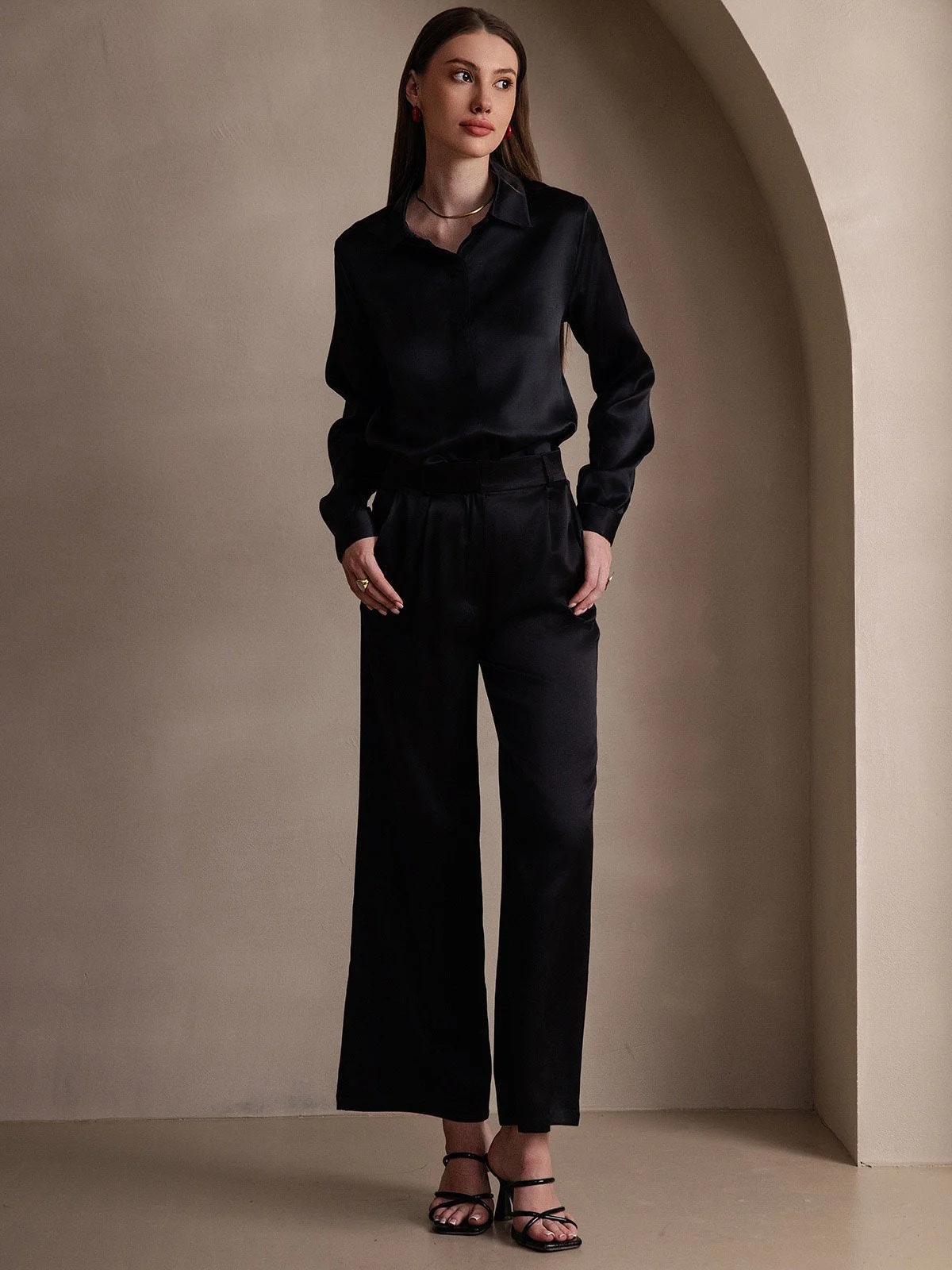 19Momme Silk Long Sleeve Lapel Collar Women's Shirt - Image 52