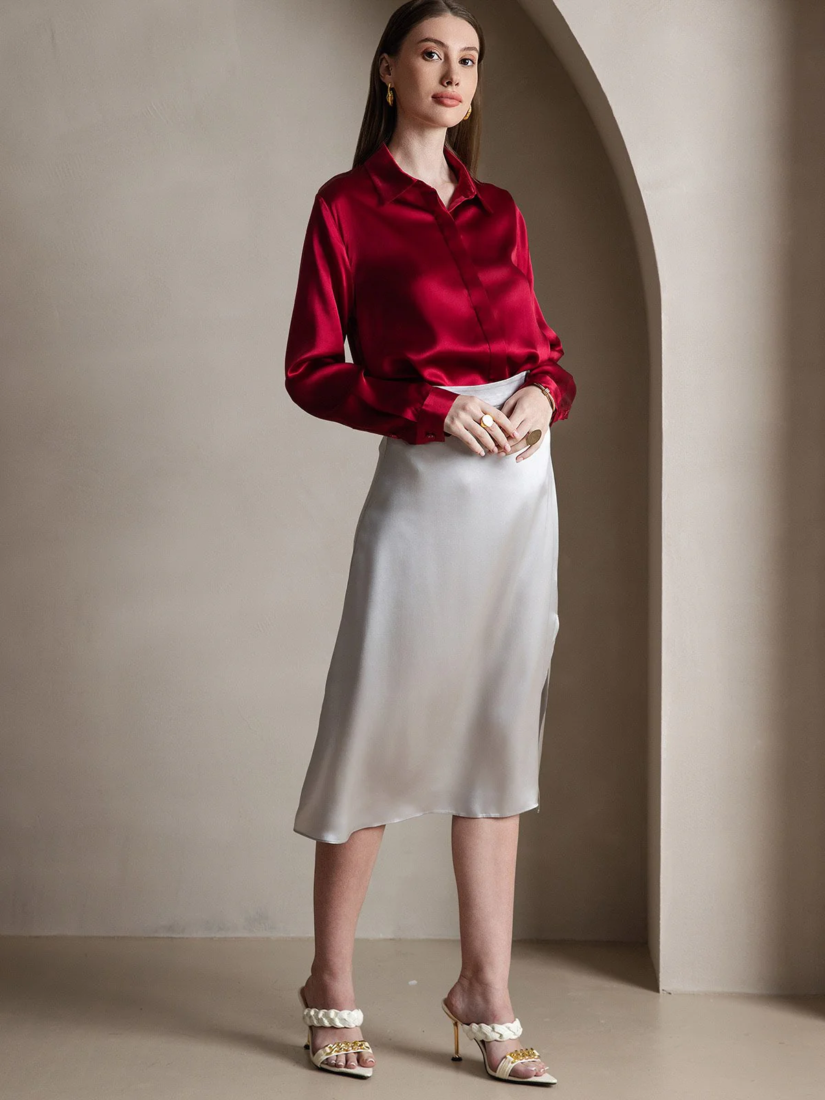 19Momme Silk Long Sleeve Lapel Collar Women's Shirt - Image 58
