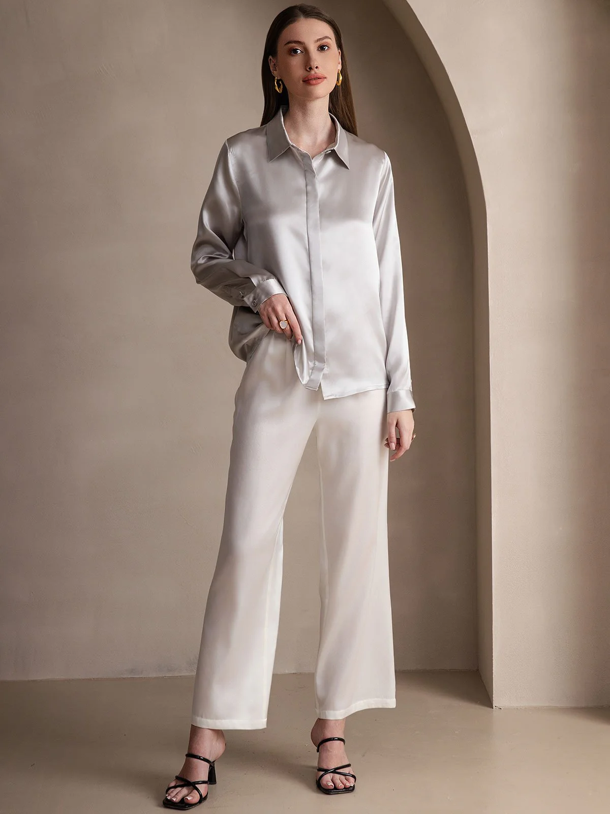 19Momme Silk Long Sleeve Lapel Collar Women's Shirt - Image 6