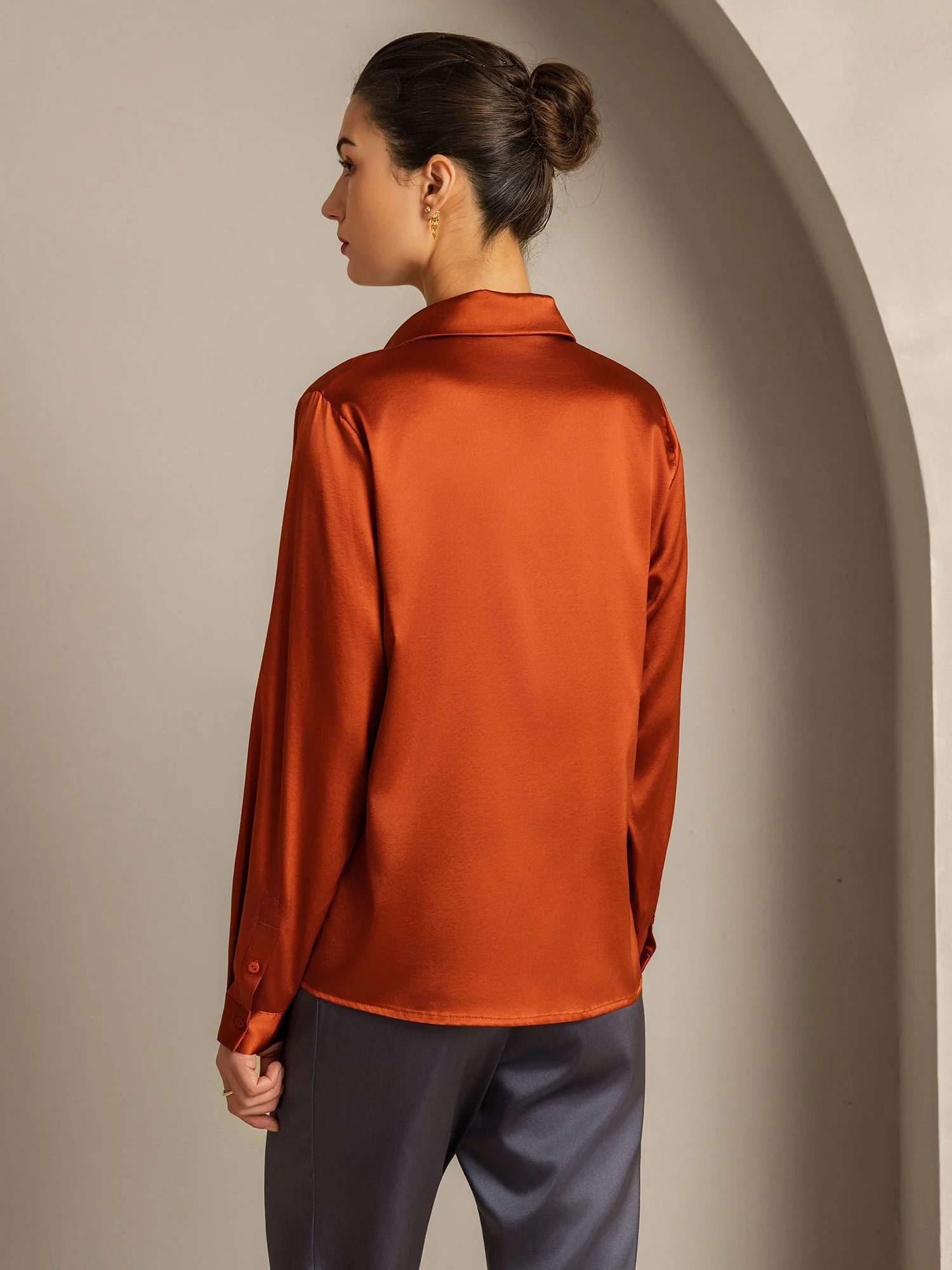 19Momme Silk Long Sleeve Lapel Collar Women's Shirt - Image 9
