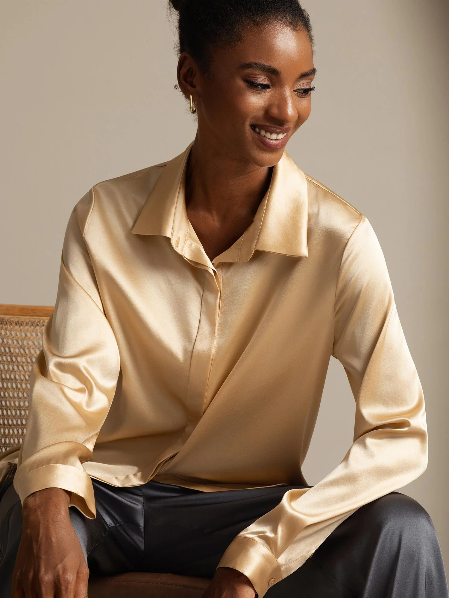 Clearance - 19Momme Silk Long Sleeve Lapel Collar Women's Shirt - Image 11