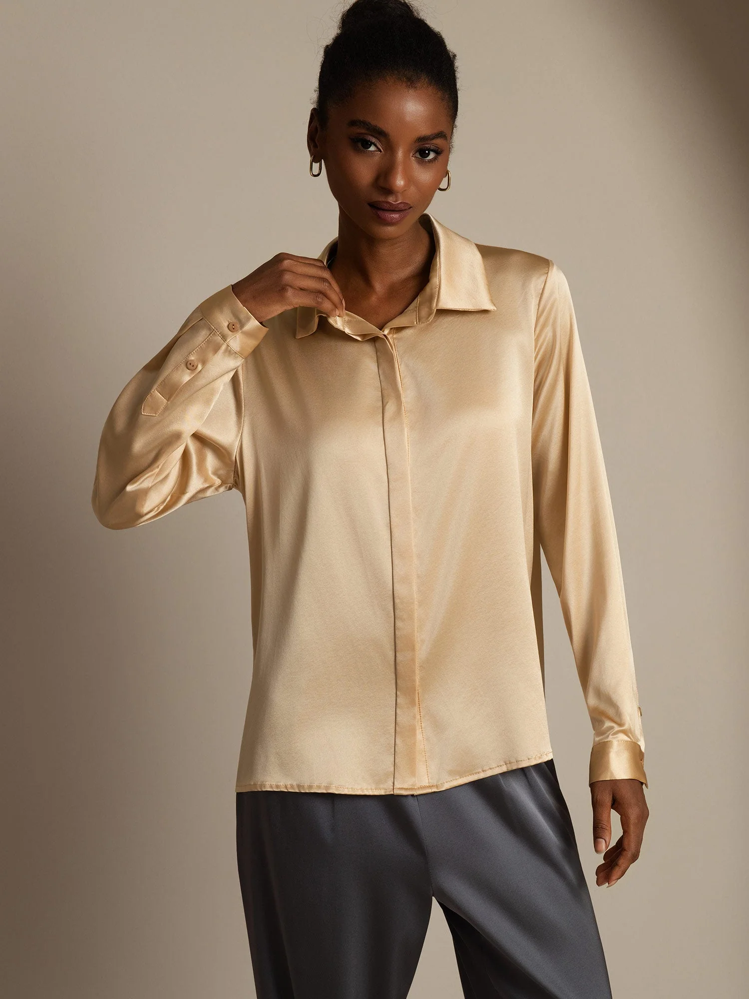 Clearance - 19Momme Silk Long Sleeve Lapel Collar Women's Shirt - Image 14