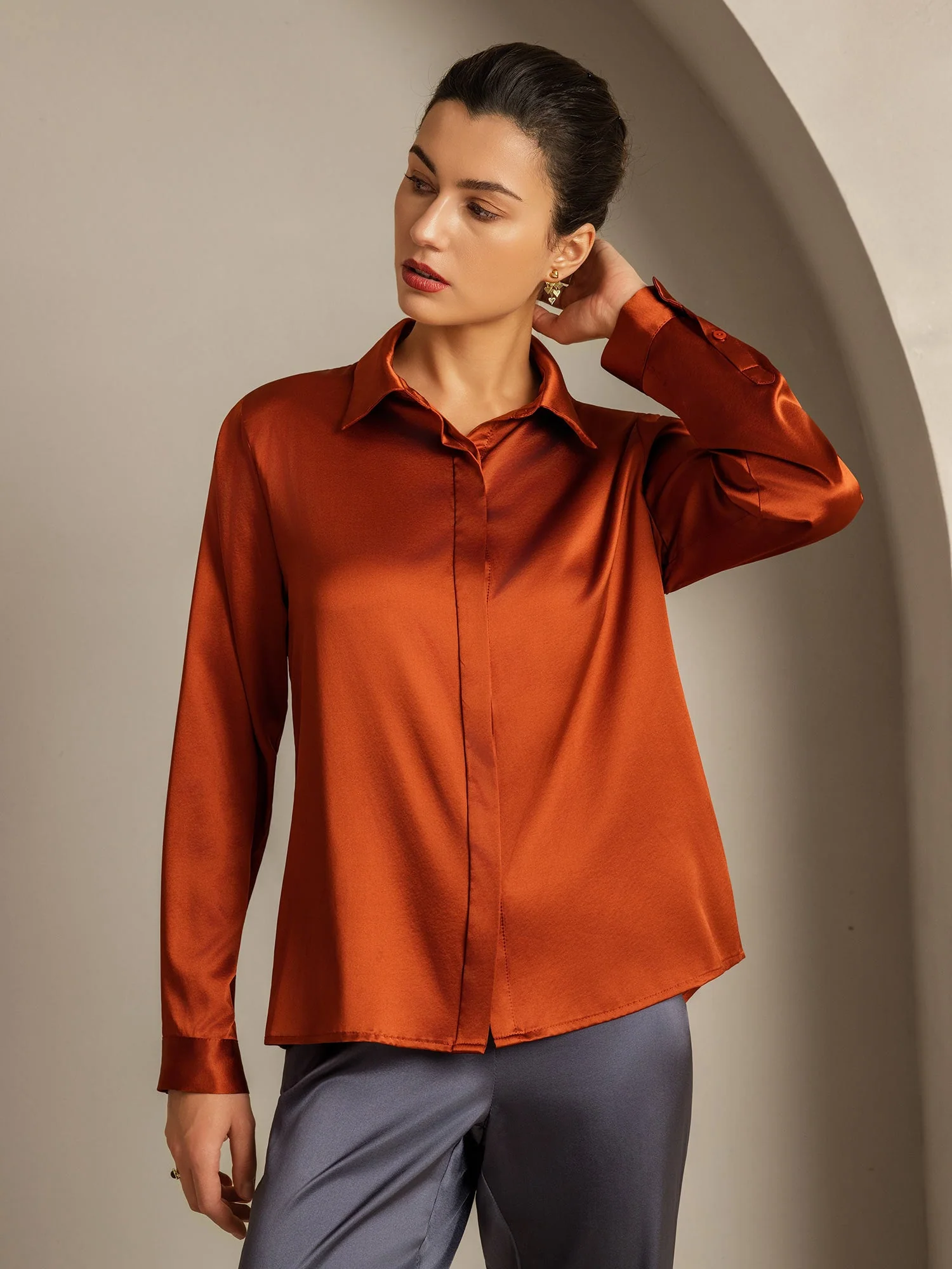 Clearance - 19Momme Silk Long Sleeve Lapel Collar Women's Shirt - Image 4