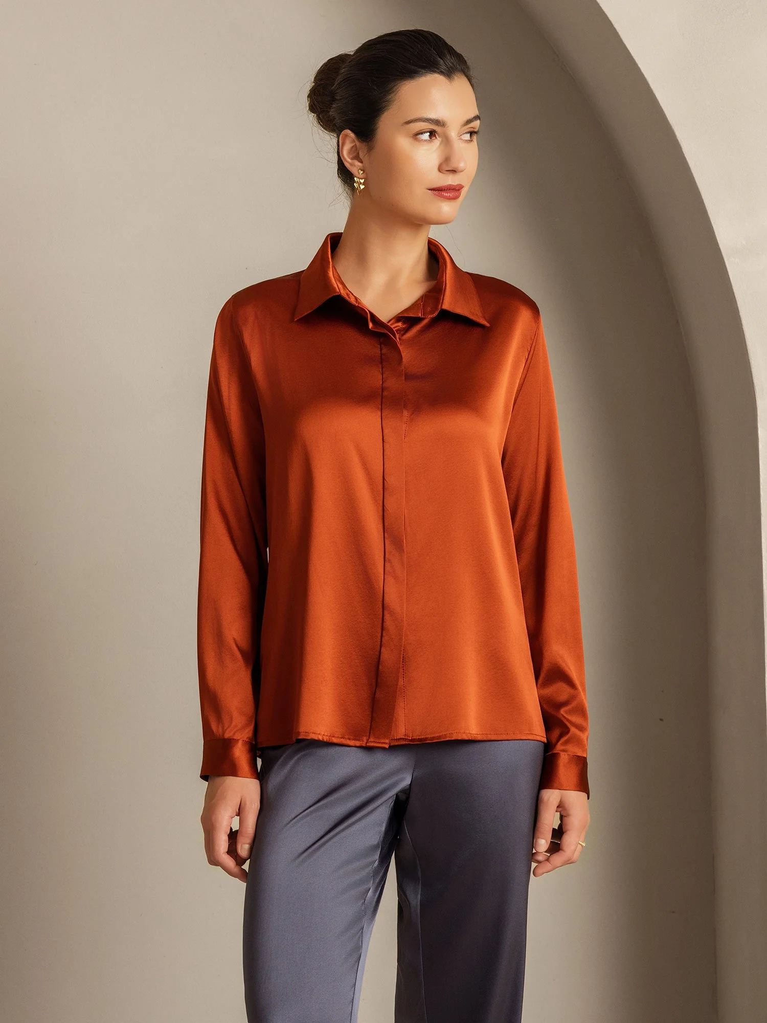 Clearance - 19Momme Silk Long Sleeve Lapel Collar Women's Shirt - Image 5