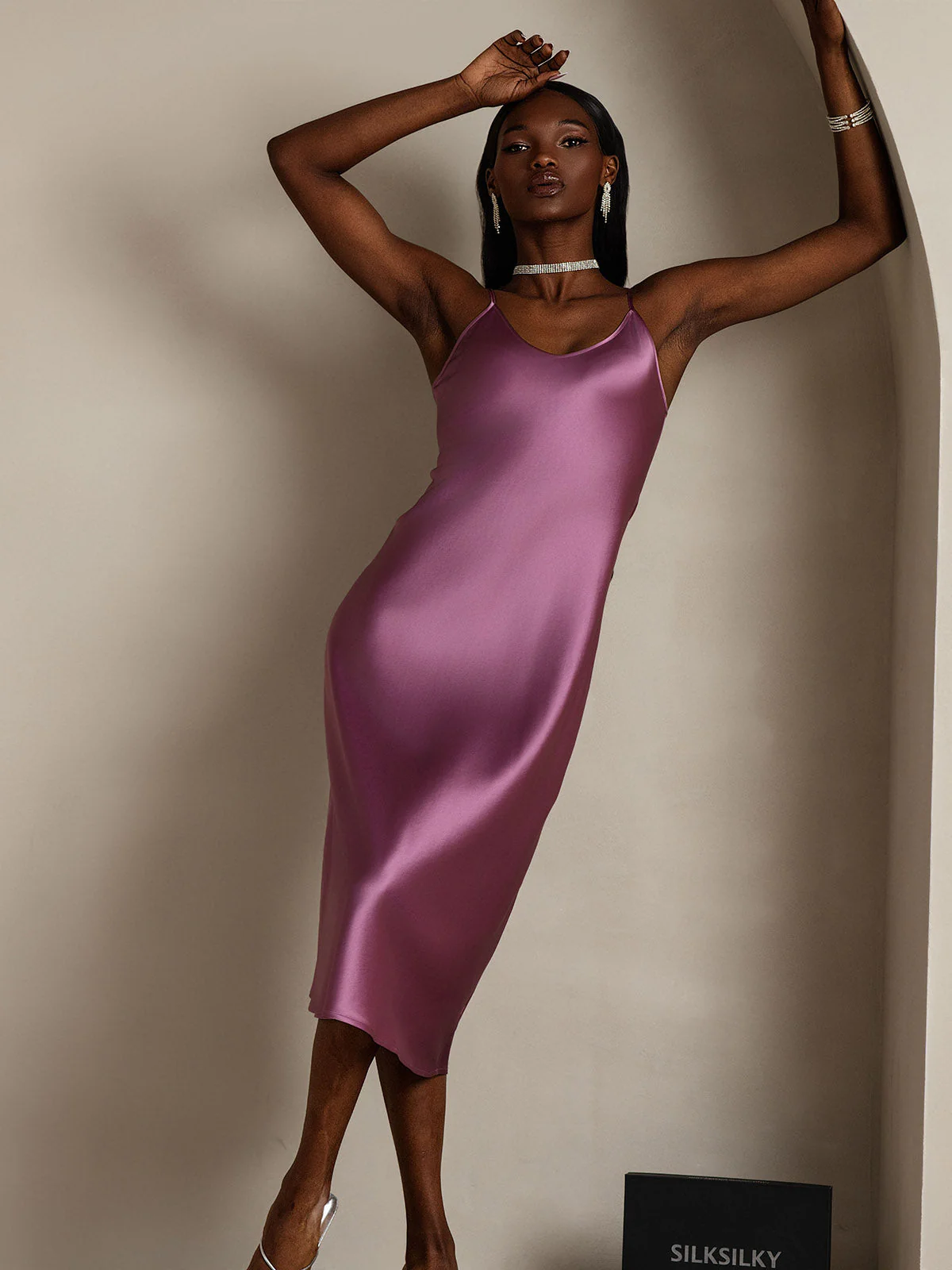 Pure Silk Spaghetti Strap V-neck Midi Nightgown - Image 13