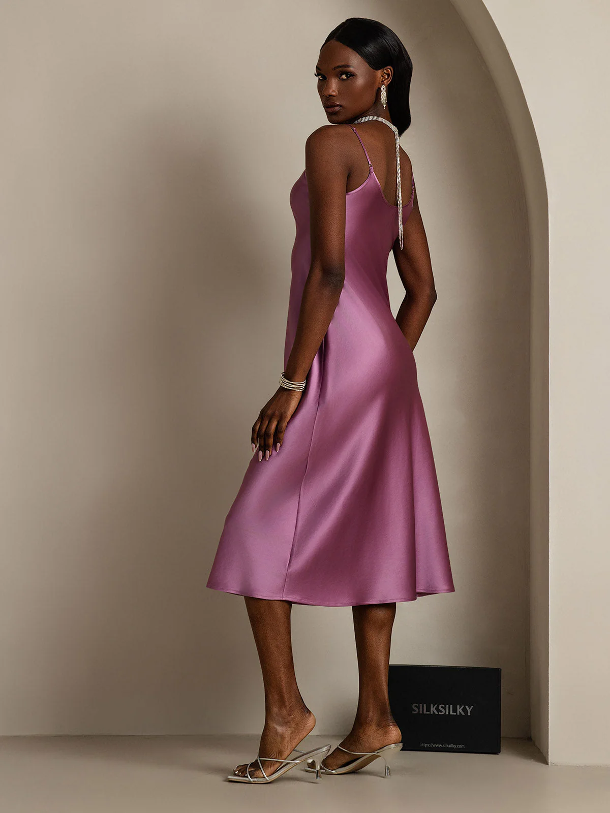 Pure Silk Spaghetti Strap V-neck Midi Nightgown - Image 14