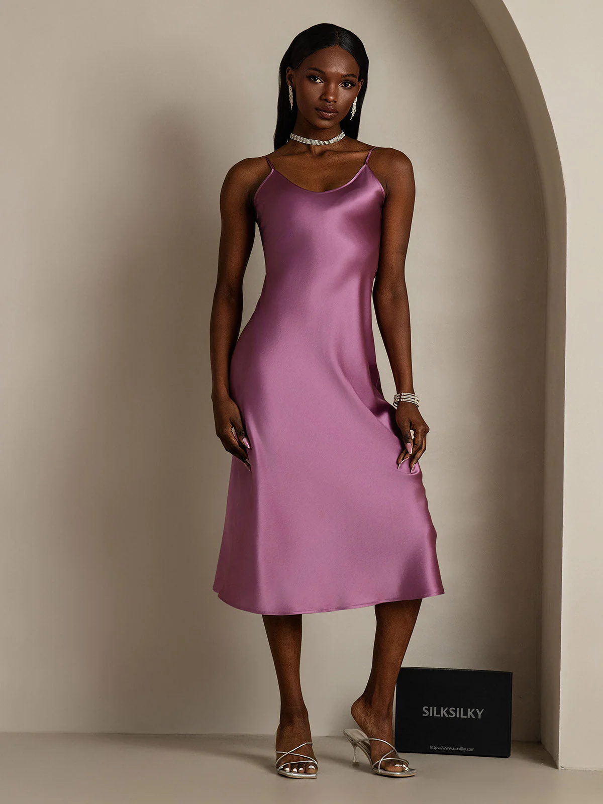 Pure Silk Spaghetti Strap V-neck Midi Nightgown - Image 16