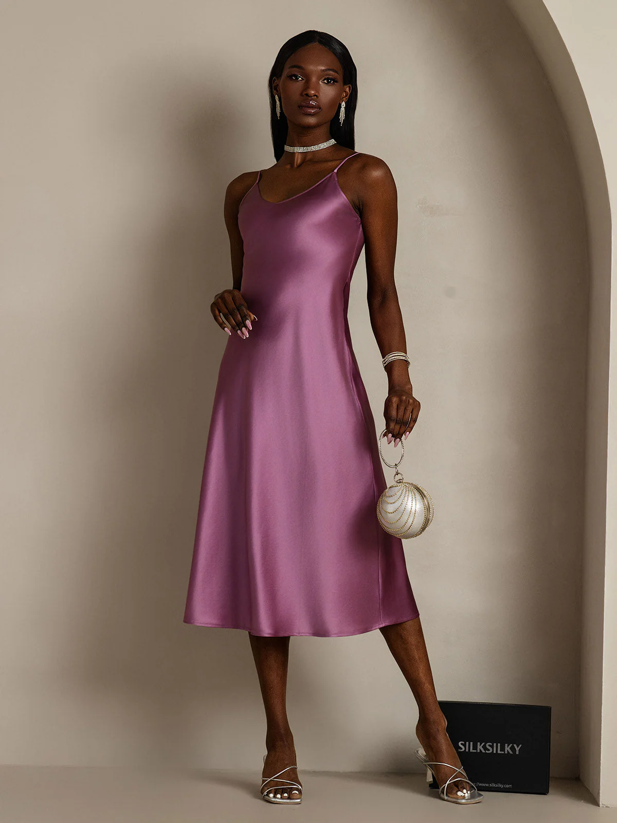 Pure Silk Spaghetti Strap V-neck Midi Nightgown - Image 19