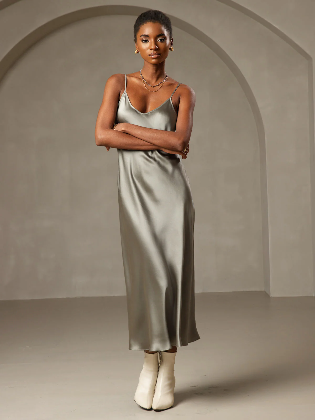 Pure Silk Spaghetti Strap V-neck Midi Nightgown - Image 26