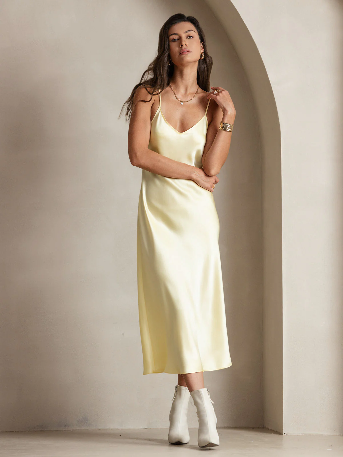 Pure Silk Spaghetti Strap V-neck Midi Nightgown - Image 34