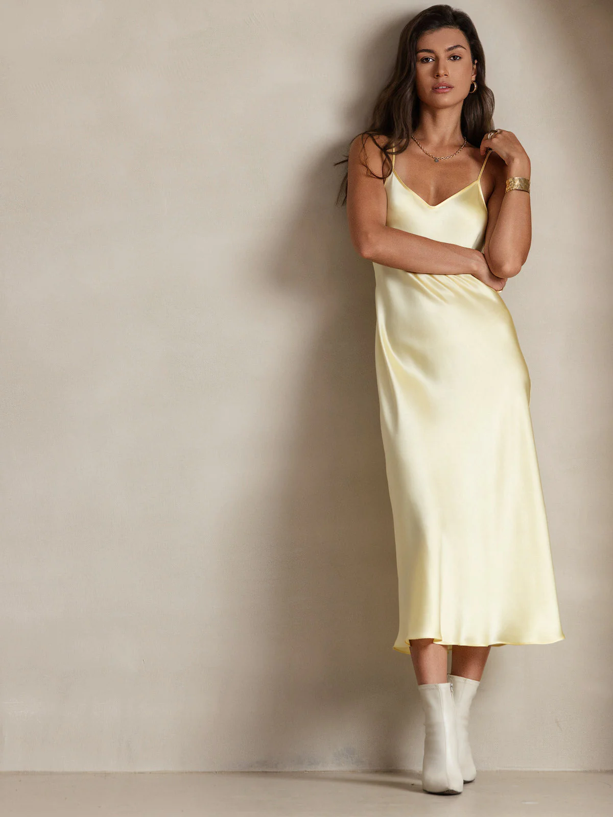 Pure Silk Spaghetti Strap V-neck Midi Nightgown - Image 36