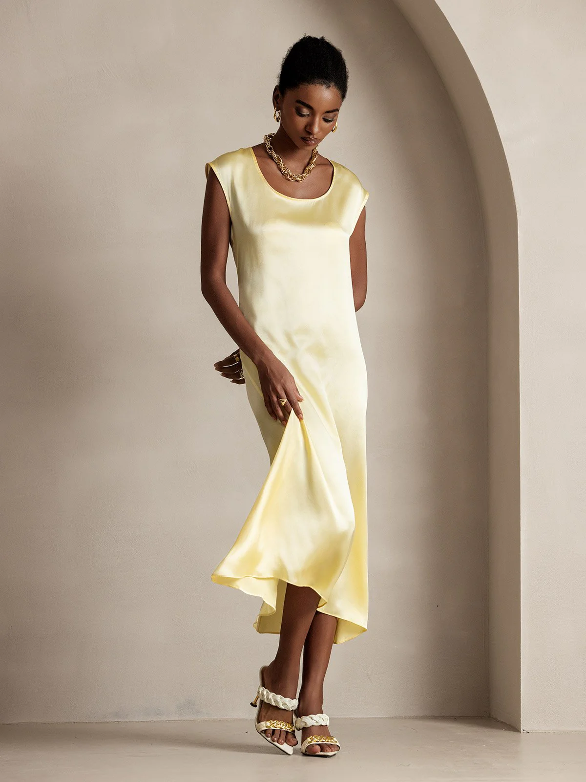 19Momme Silk Cap Sleeve Round Neck Midi Dress - Image 53