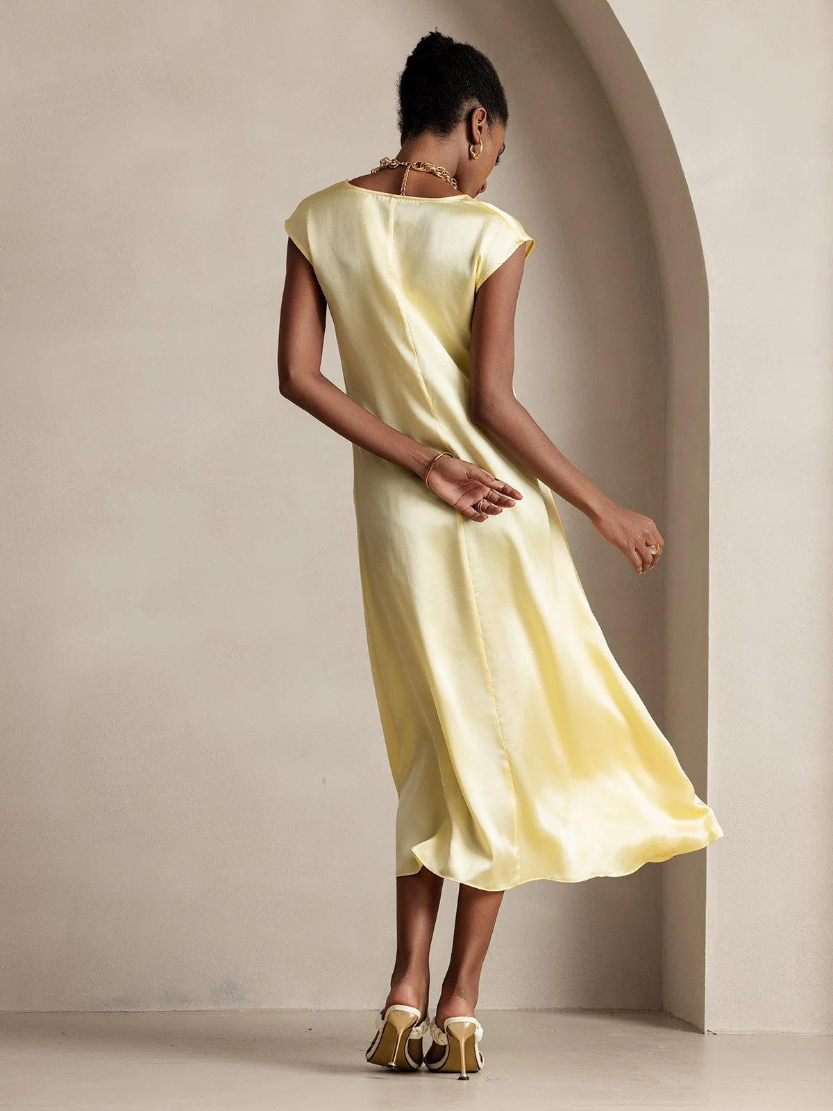 19Momme Silk Cap Sleeve Round Neck Midi Dress - Image 49