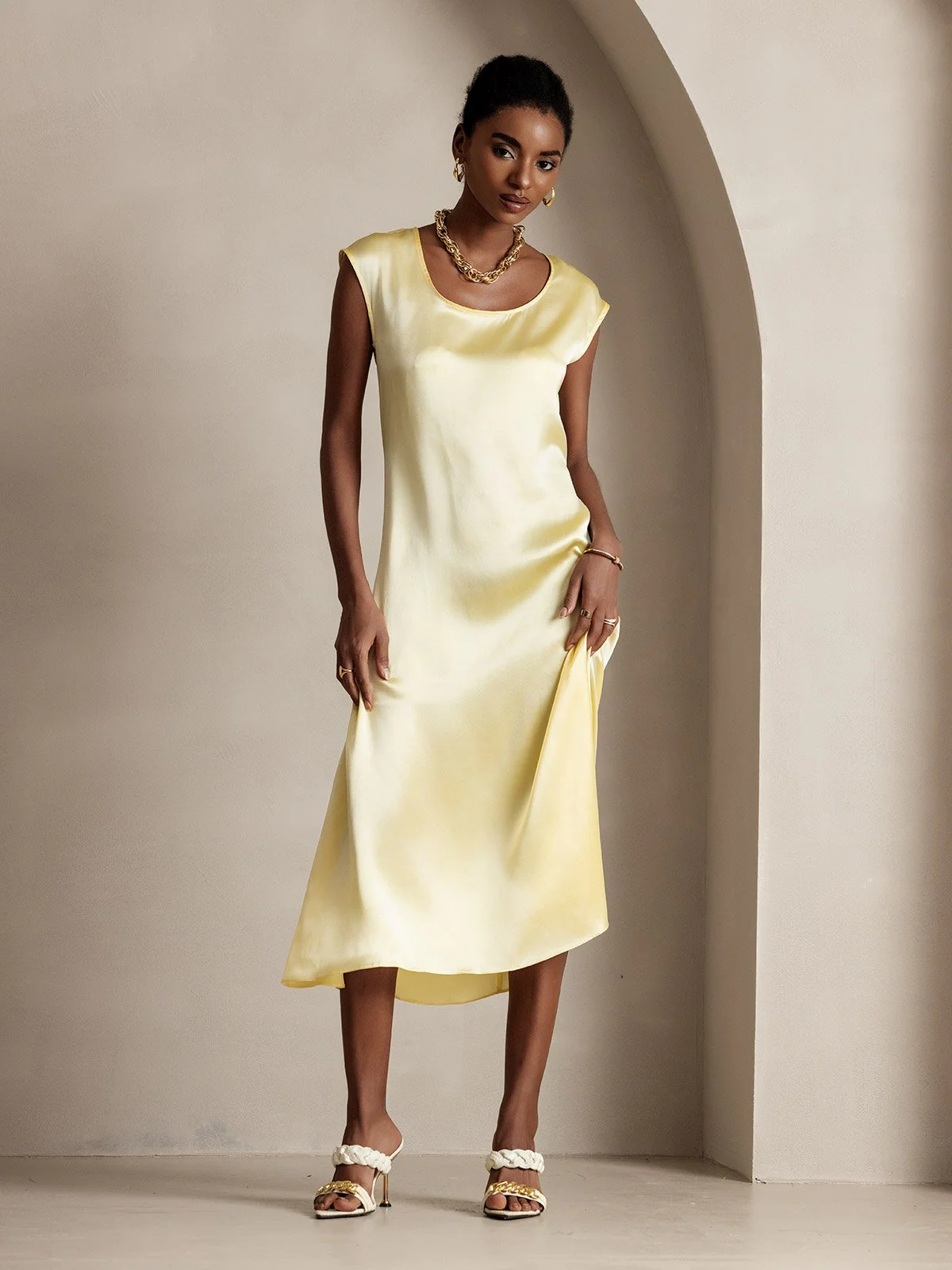 19Momme Silk Cap Sleeve Round Neck Midi Dress - Image 52