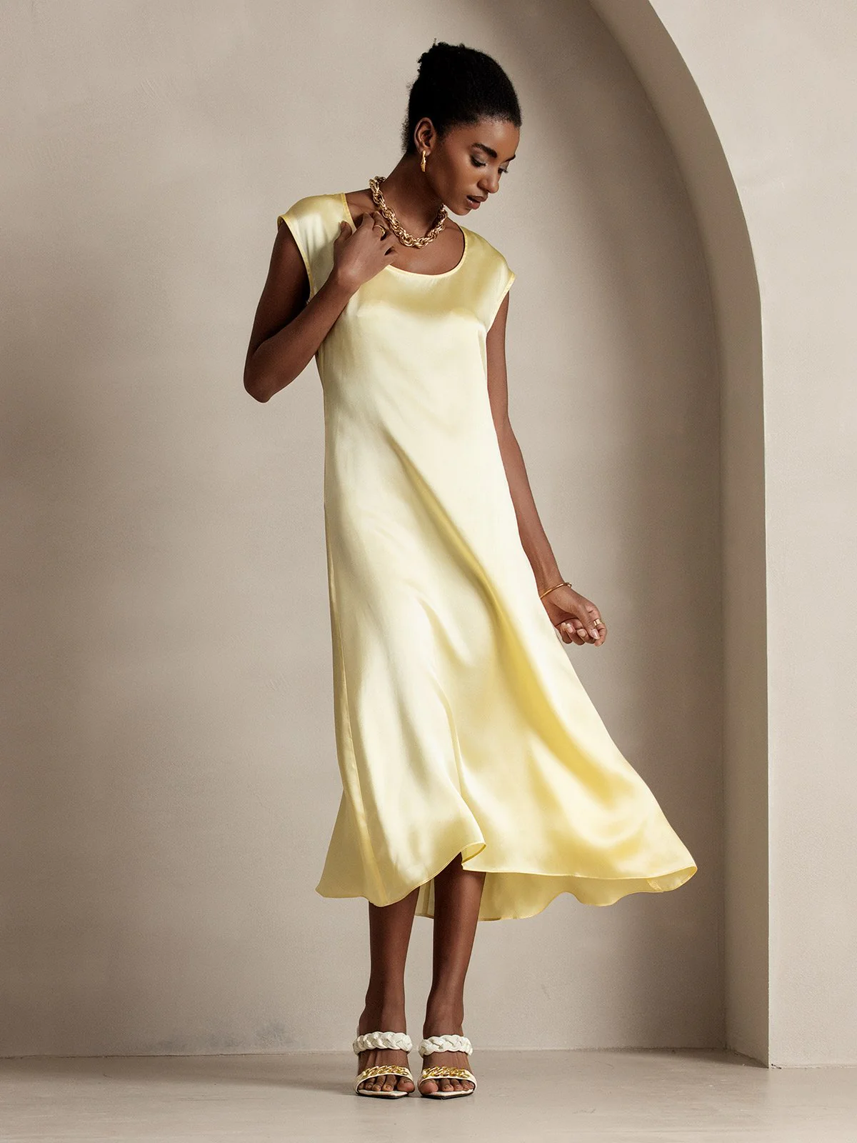 19Momme Silk Cap Sleeve Round Neck Midi Dress - Image 51
