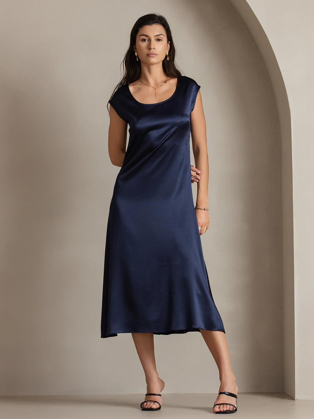 19Momme Silk Cap Sleeve Round Neck Midi Dress - Image 42