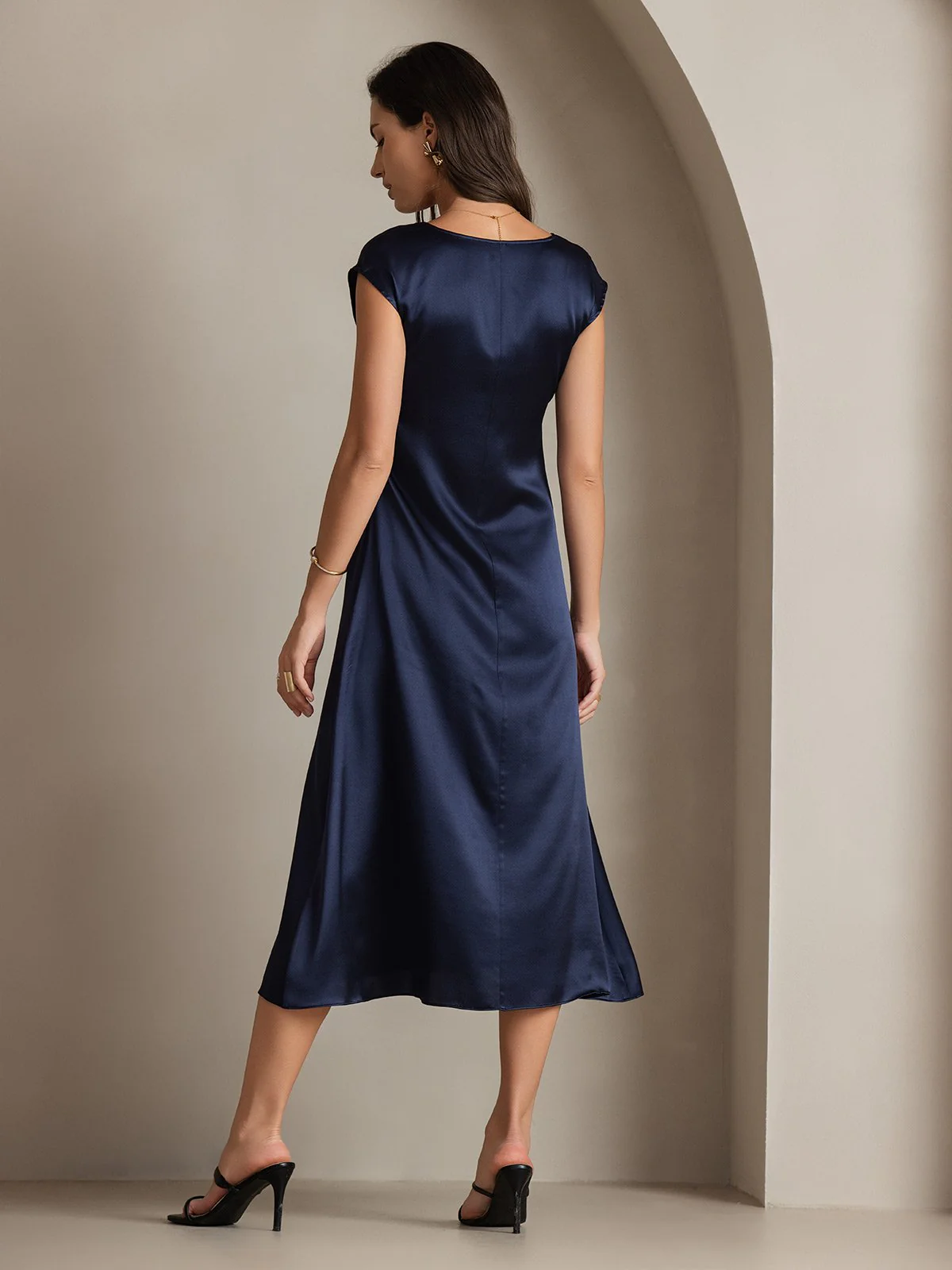 19Momme Silk Cap Sleeve Round Neck Midi Dress - Image 43