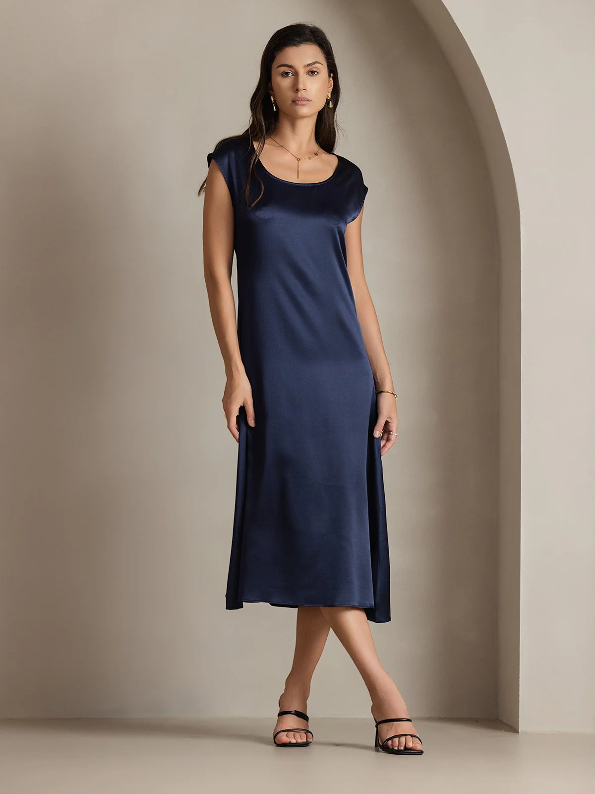 19Momme Silk Cap Sleeve Round Neck Midi Dress - Image 45