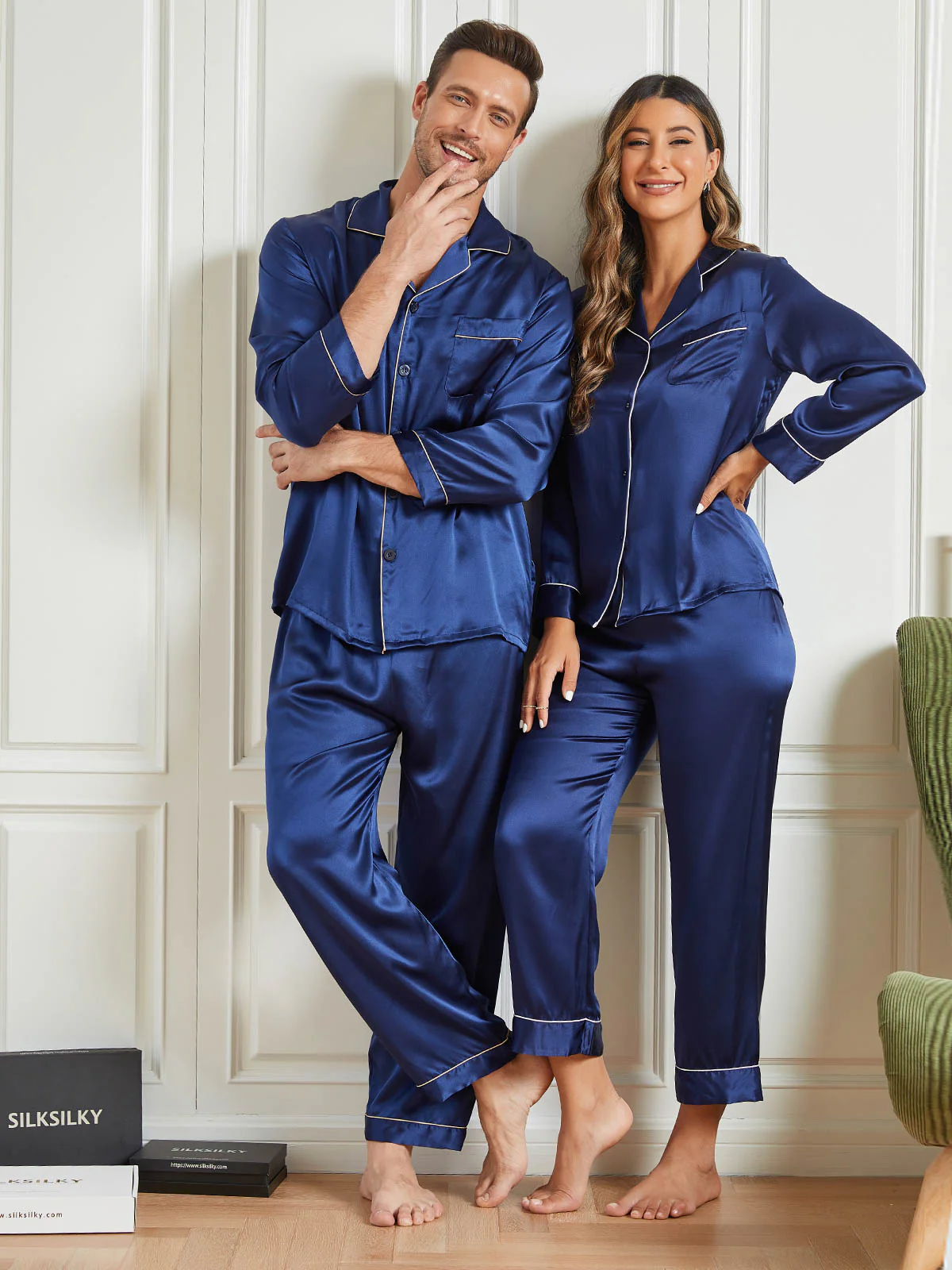 Couple Pure Silk Long Pajama Sets Total 4Pcs - Image 10