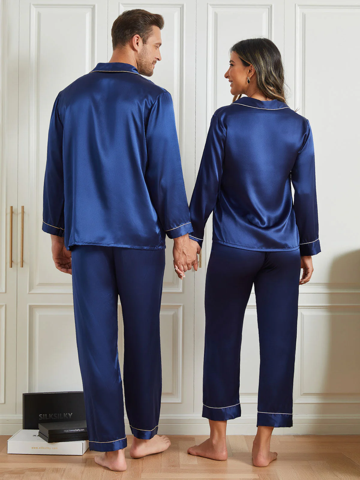 Couple Pure Silk Long Pajama Sets Total 4Pcs - Image 11