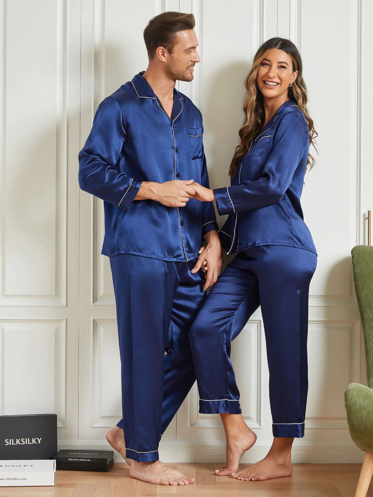 Couple Pure Silk Long Pajama Sets Total 4Pcs - Image 12