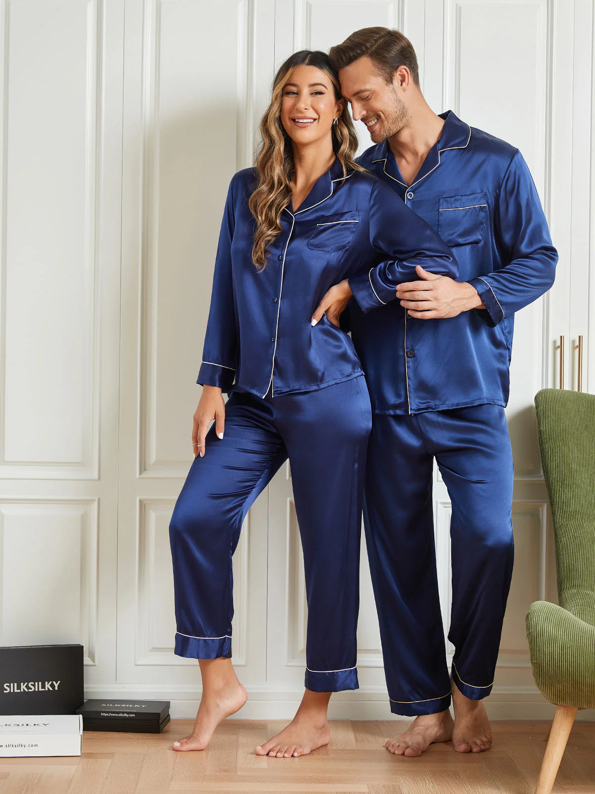 Couple Pure Silk Long Pajama Sets Total 4Pcs - Image 13