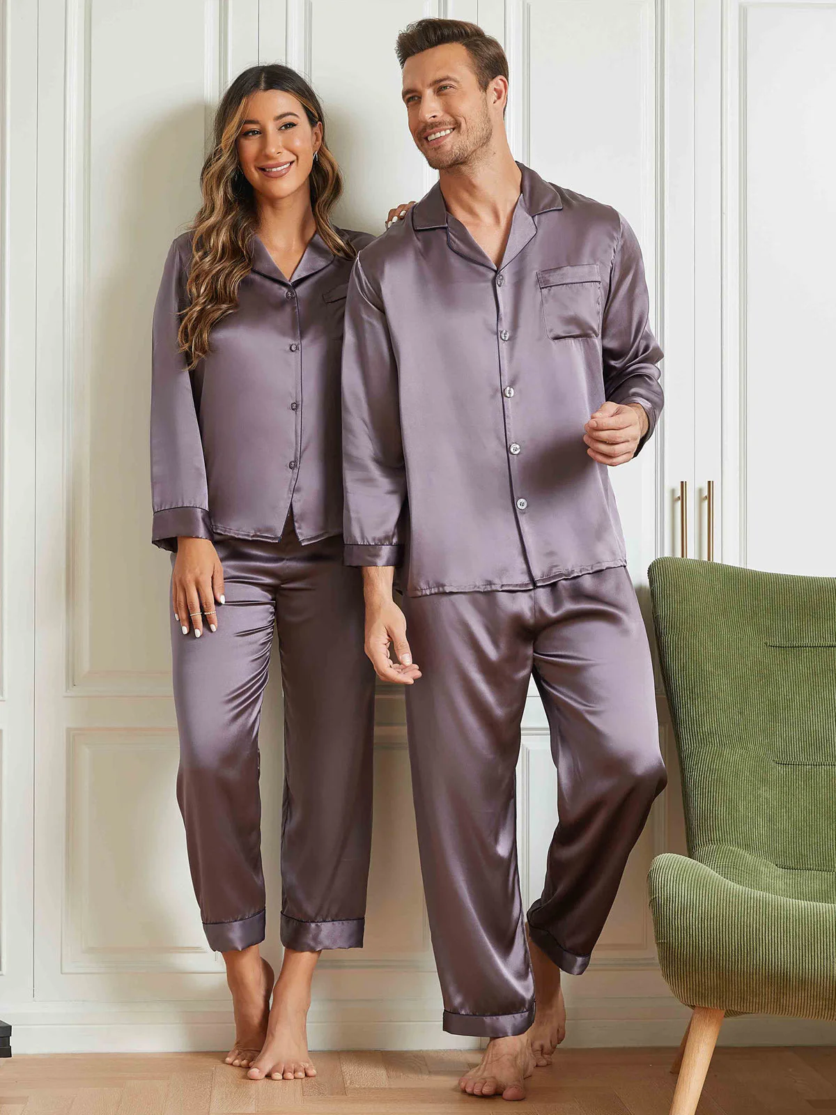 Couple Pure Silk Long Pajama Sets Total 4Pcs - Image 15