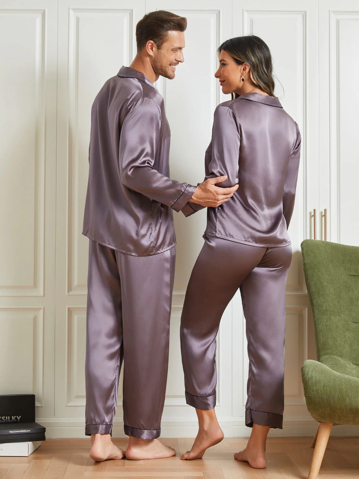 Couple Pure Silk Long Pajama Sets Total 4Pcs - Image 16