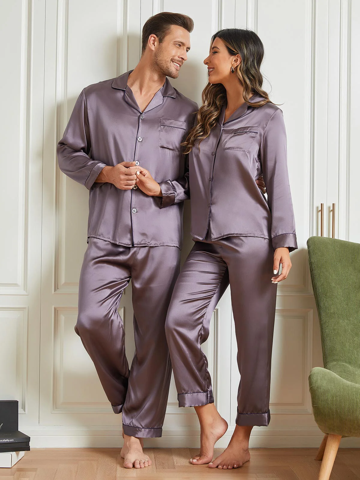 Couple Pure Silk Long Pajama Sets Total 4Pcs - Image 17